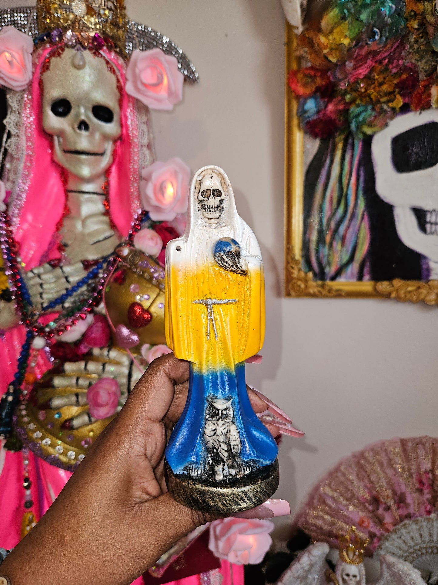 6" Abre Caminos (White, Yellow & Blue) Robe Santa Muerte Statue