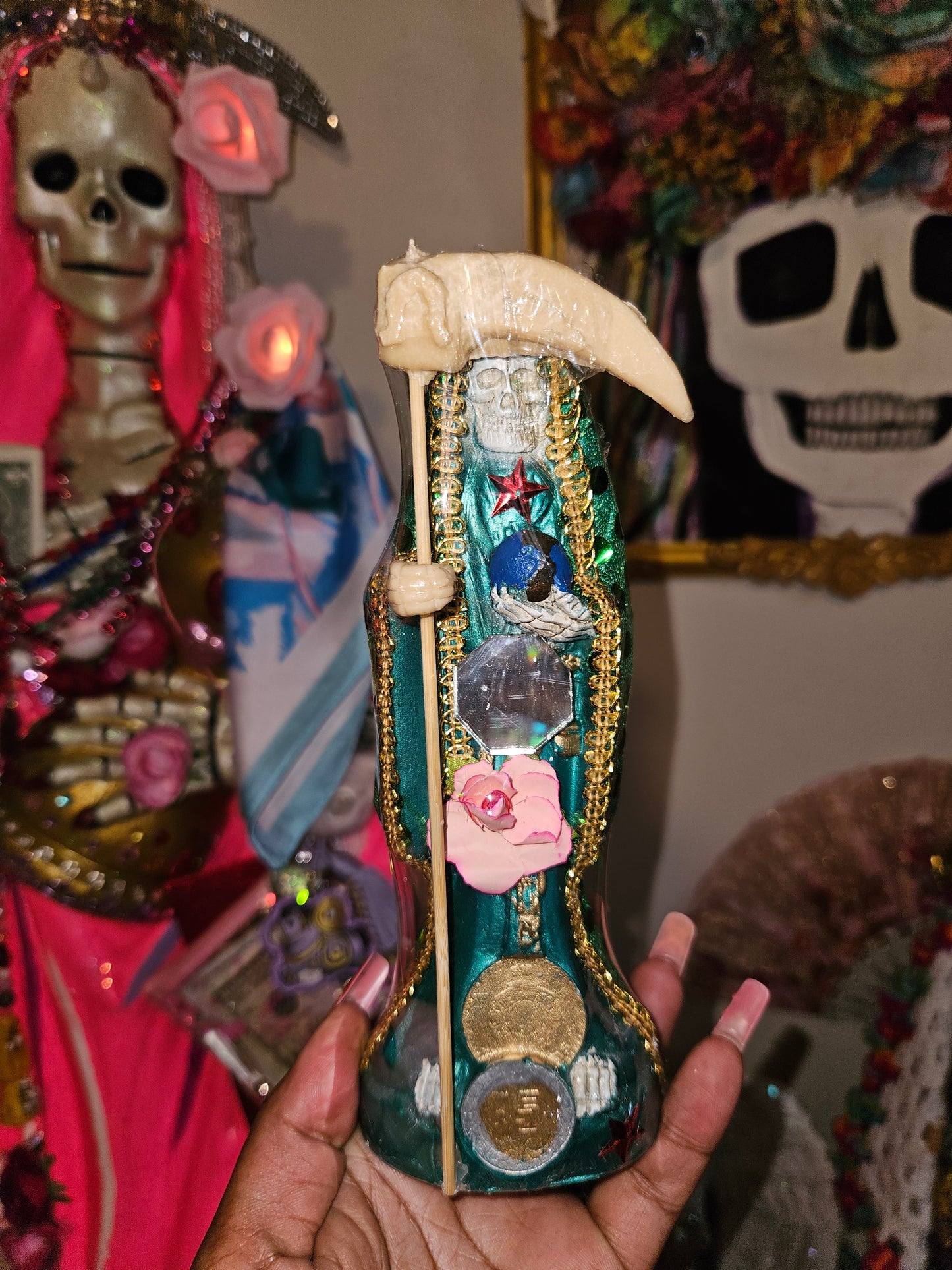 8" Vestida Green Robe Santa Muerte Statue