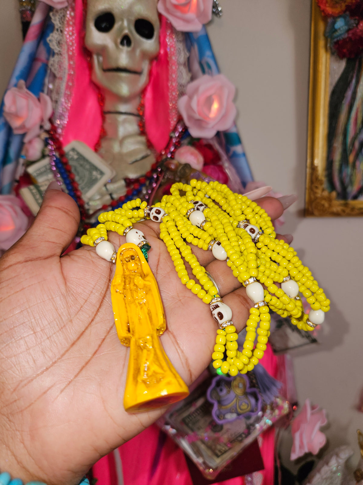 32' Beaded Santa Muerte Necklace