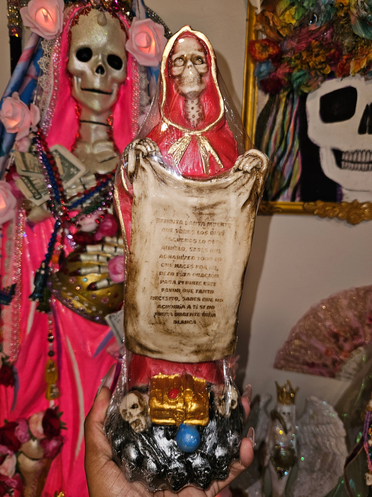 13" Red Robe with Prayer Scroll Santa Muerte Statue