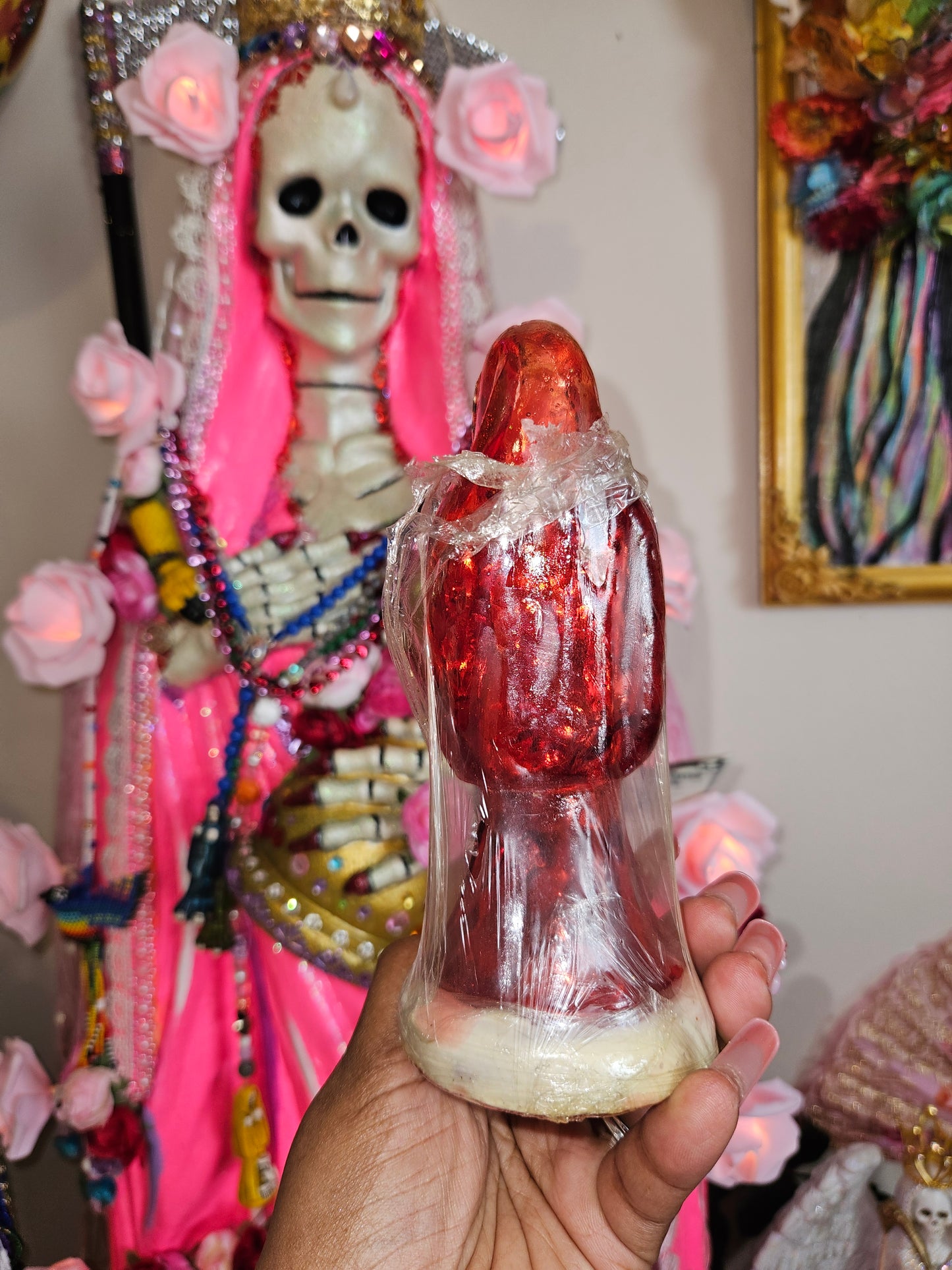 6" Clear Red Robe Santa Muerte Statue