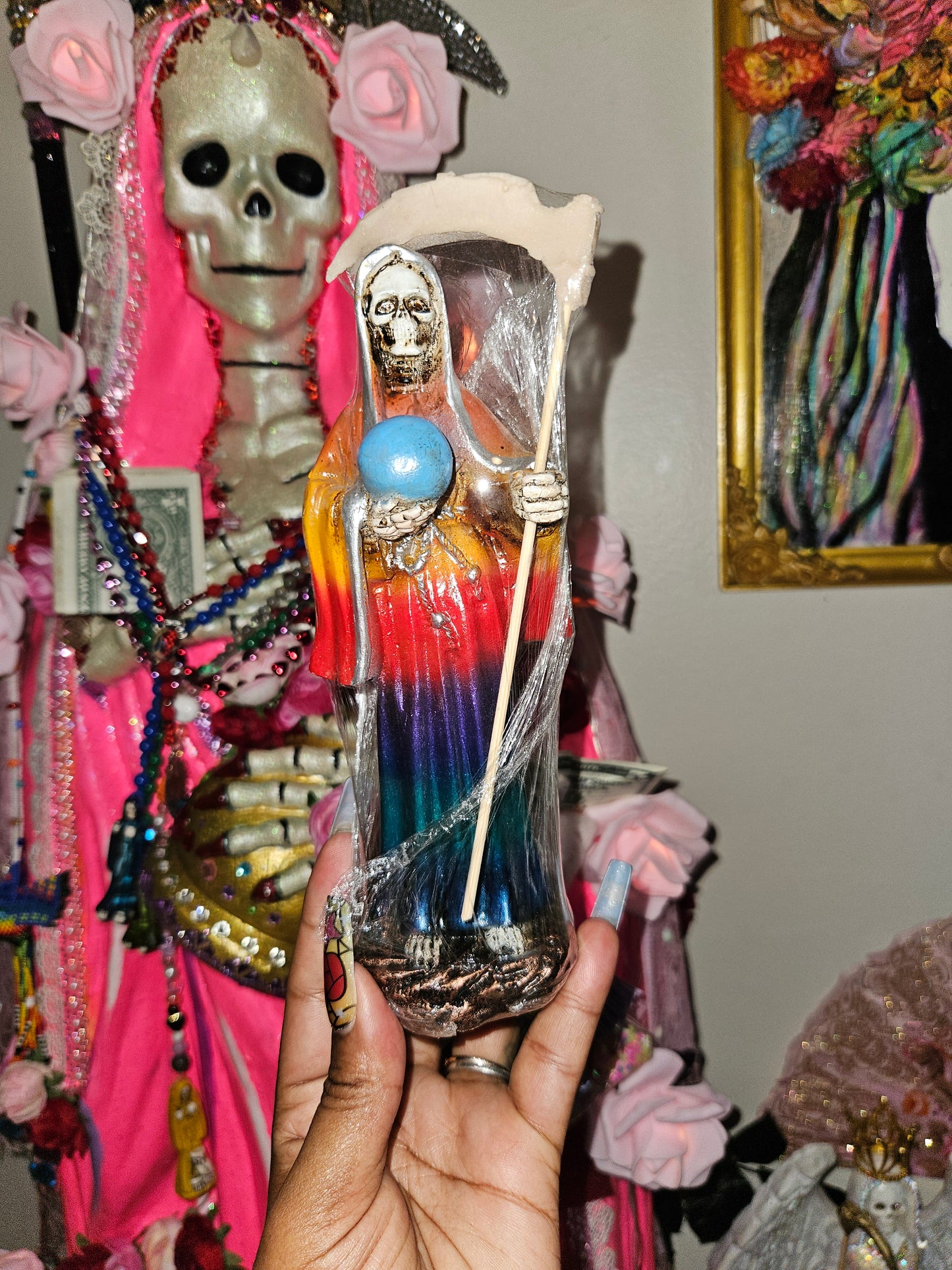 8" Rainbow/7Colores Robe Santa Muerte Statue