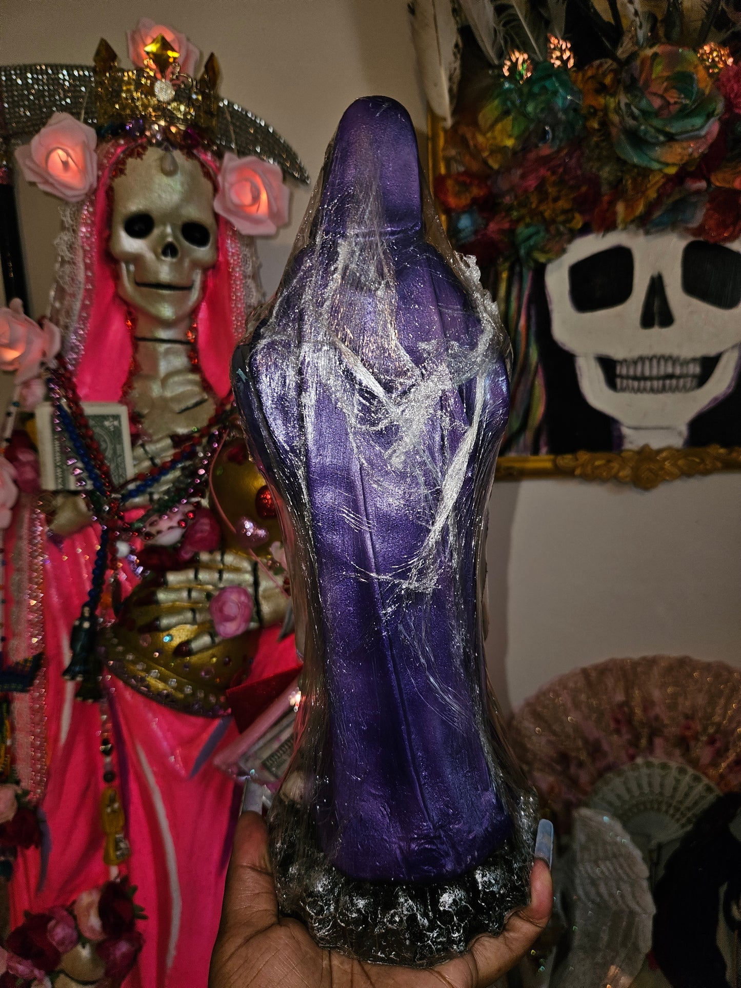 13" Purple Robe with Prayer Scroll Santa Muerte Statue