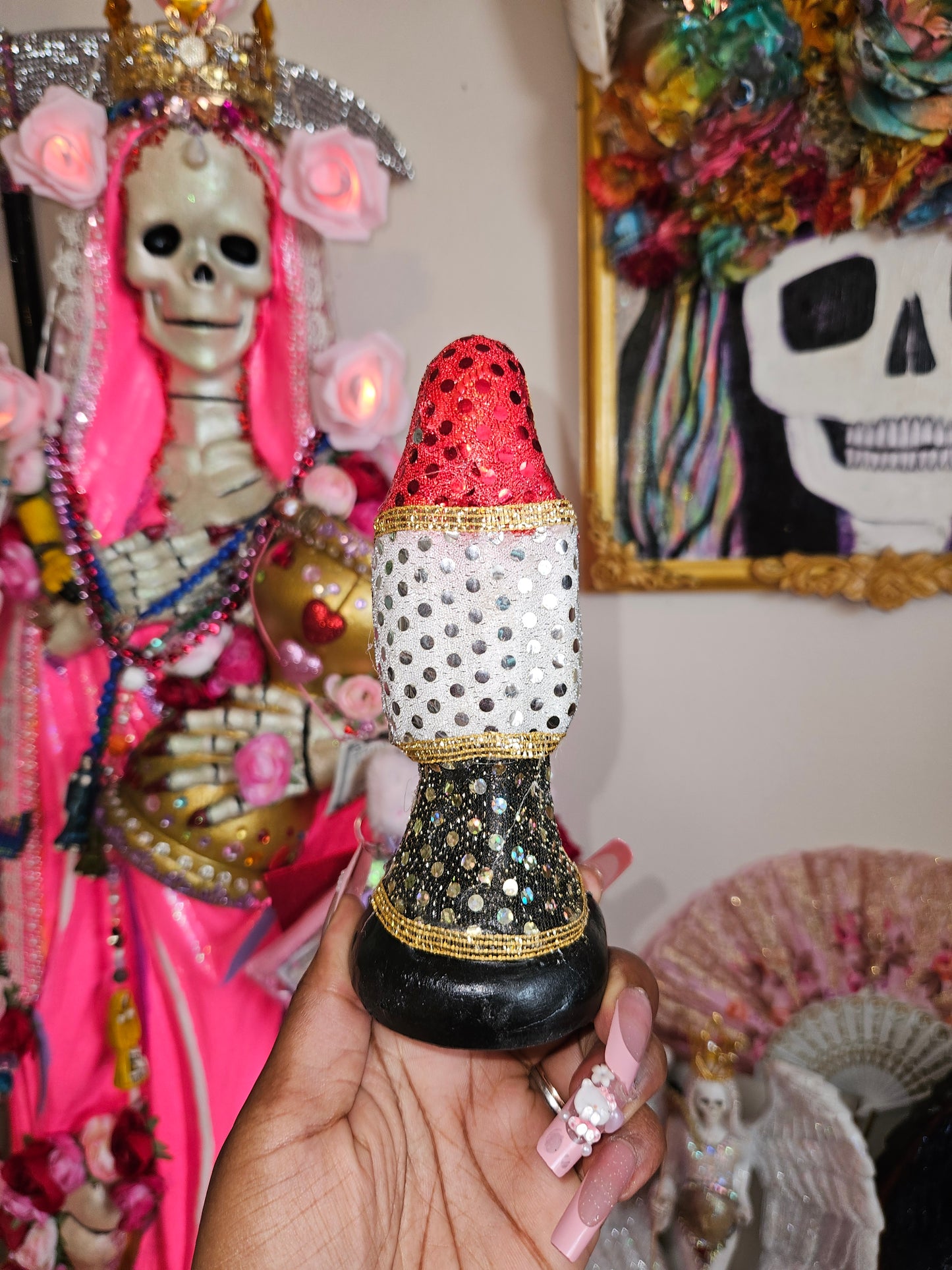 6" Vestida Red, White & Black w/ good luck bag Santa Muerte Statue