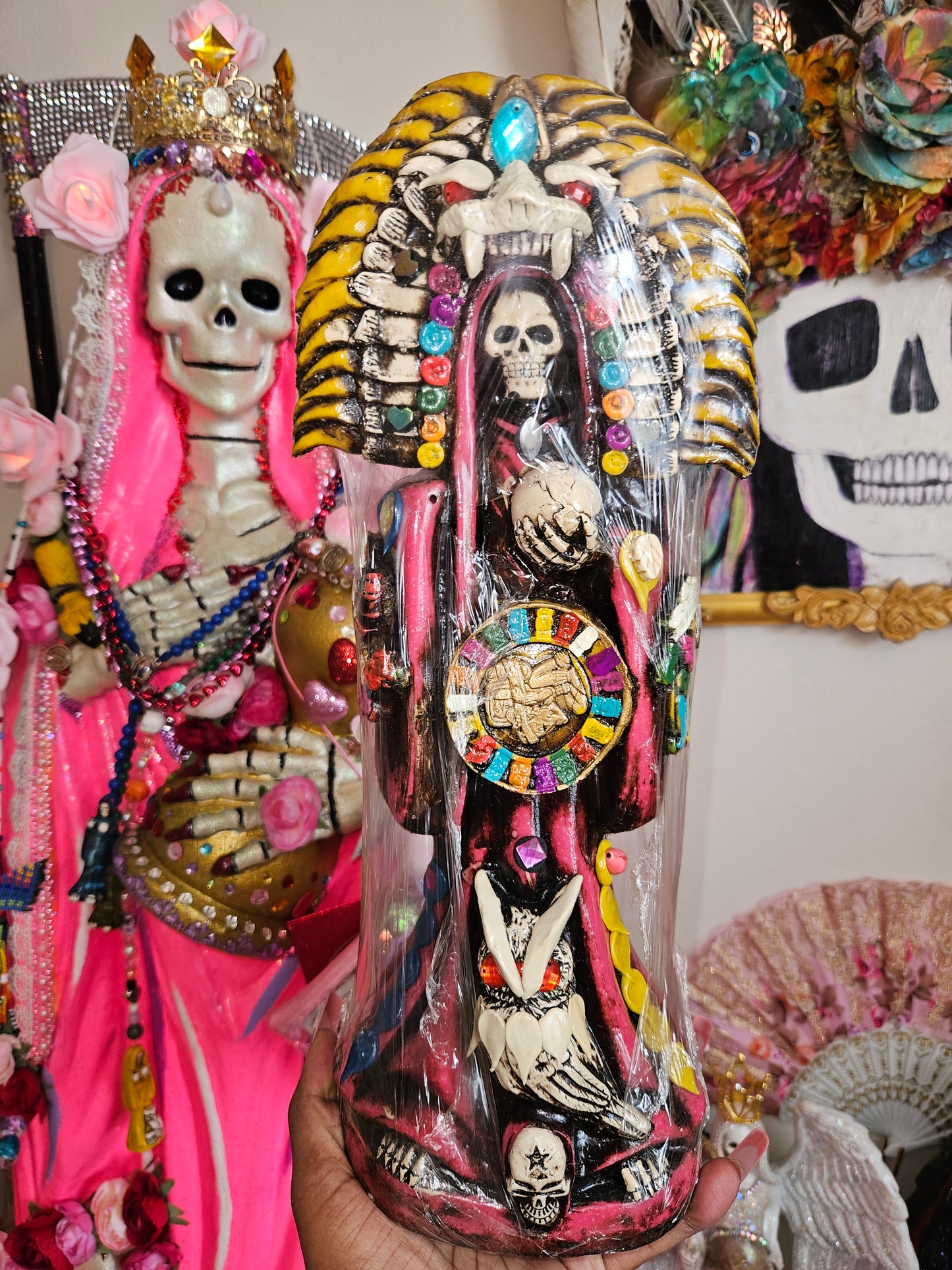 14" Pink Robe Aztec/ Mexica Santa Muerte Statue