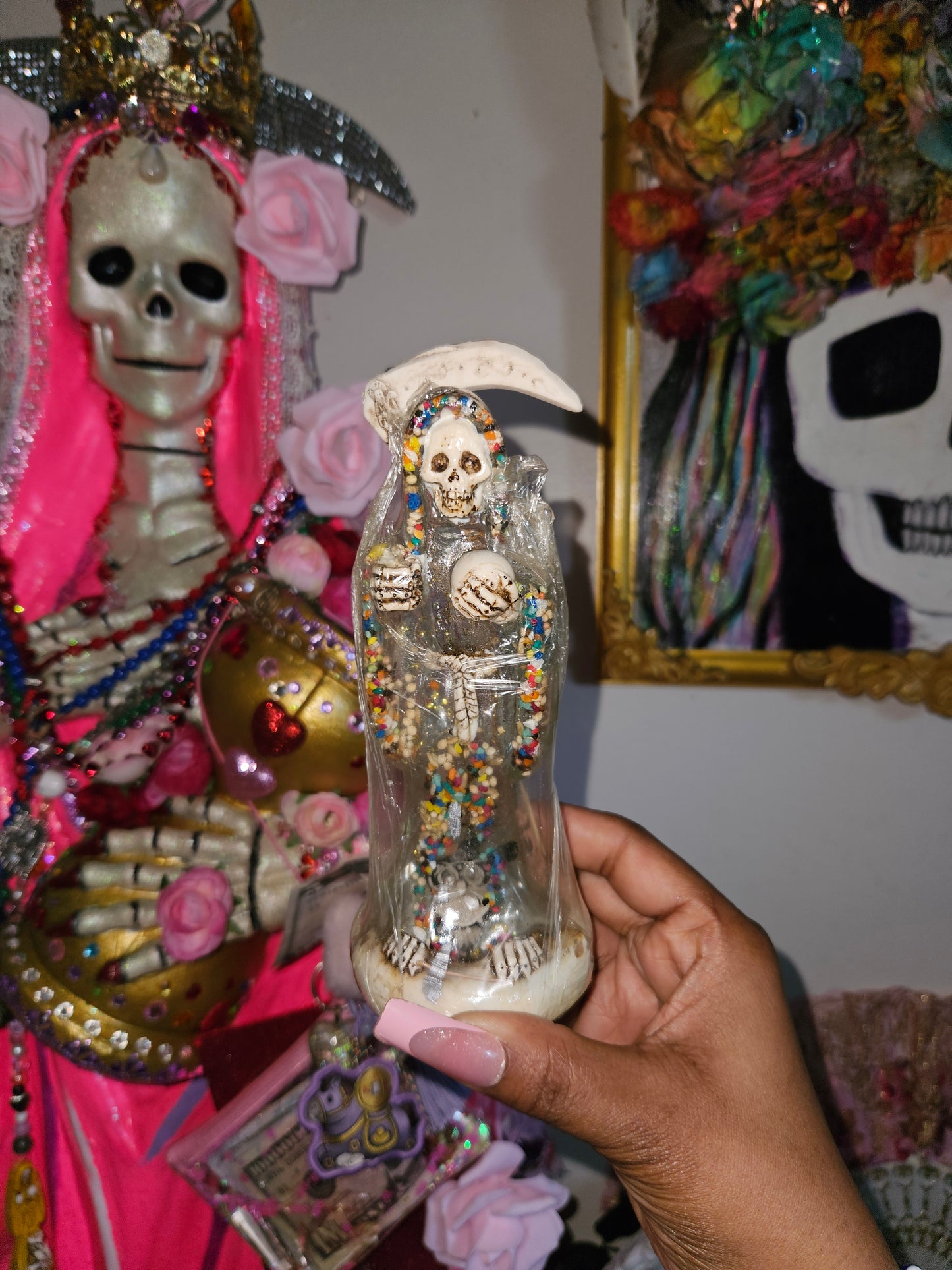 6" Clear White Robe Santa Muerte Statue