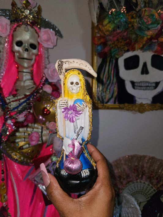 6" Vestida Yellow, White & Blue( Abre Caminos) w/ good luck bag Santa Muerte Statue