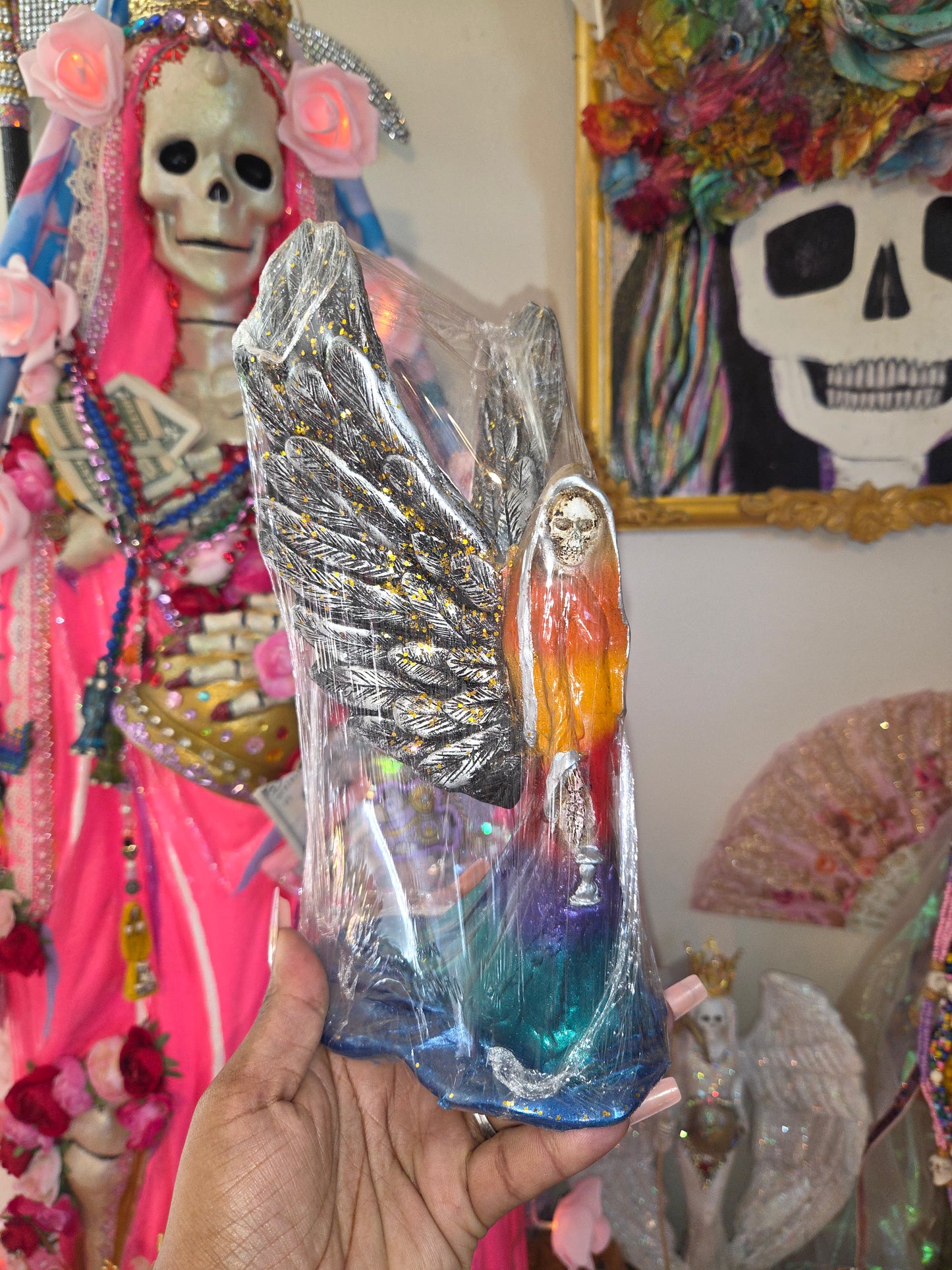8" Winged Rainbow Robe Santa Muerte Statue