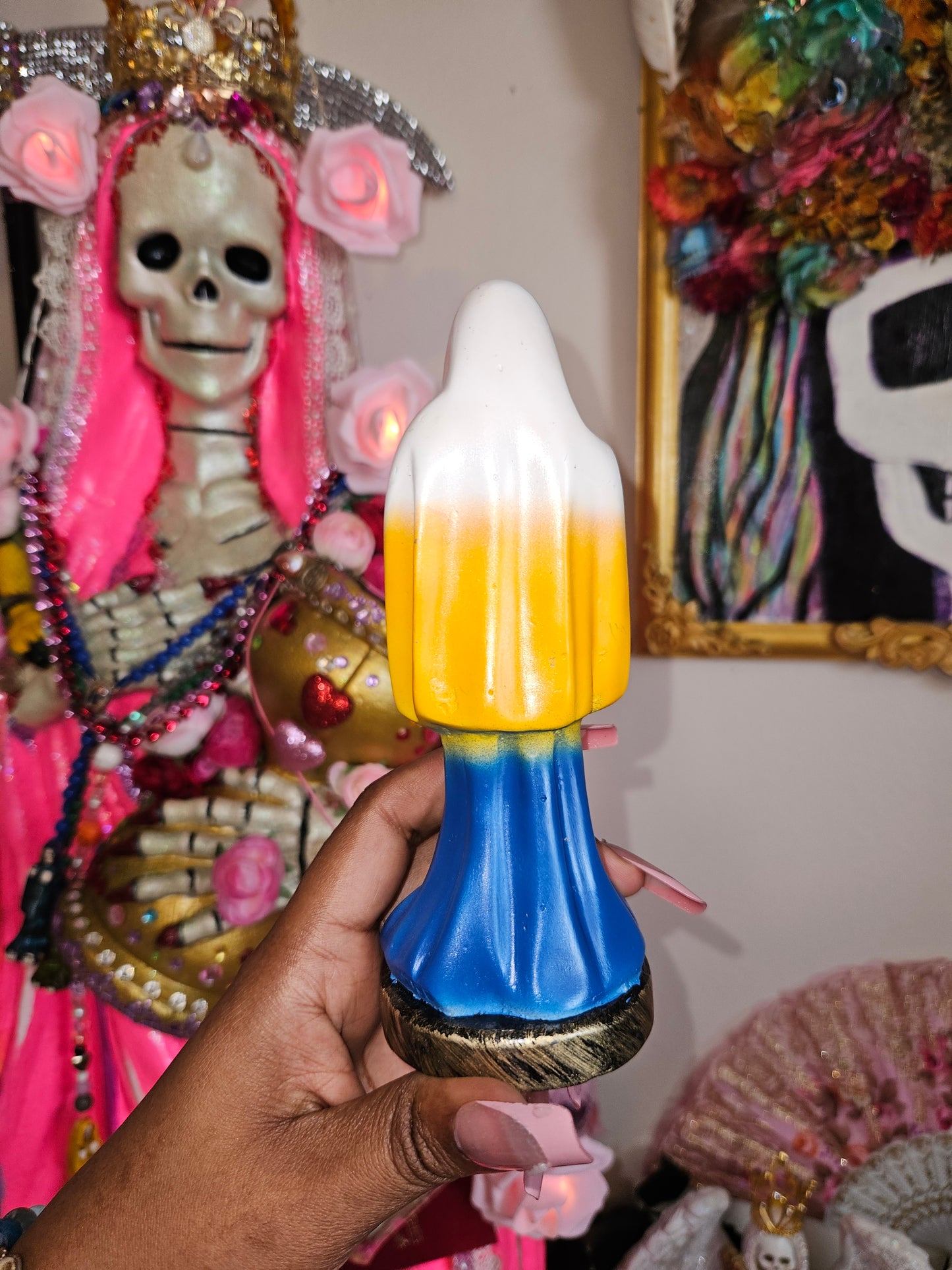 6" Abre Caminos (White, Yellow & Blue) Robe Santa Muerte Statue