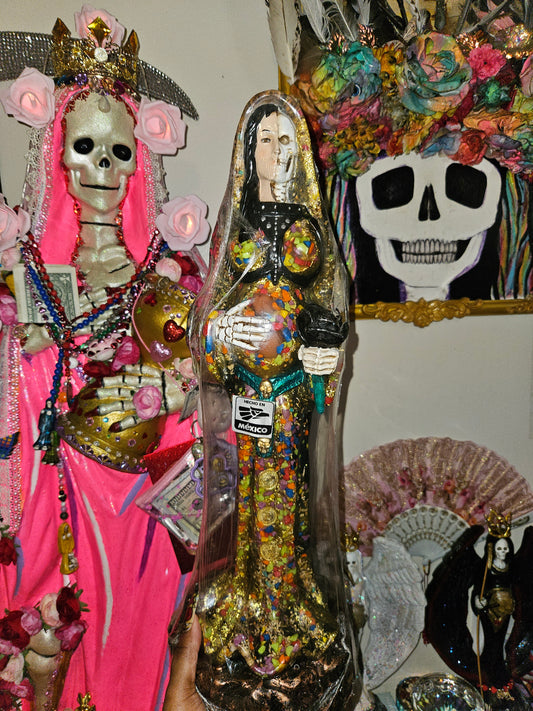 21" Clear Blue Santa Muerte Embarasada (Pregnant) Encarnada Santa Muerte Statue