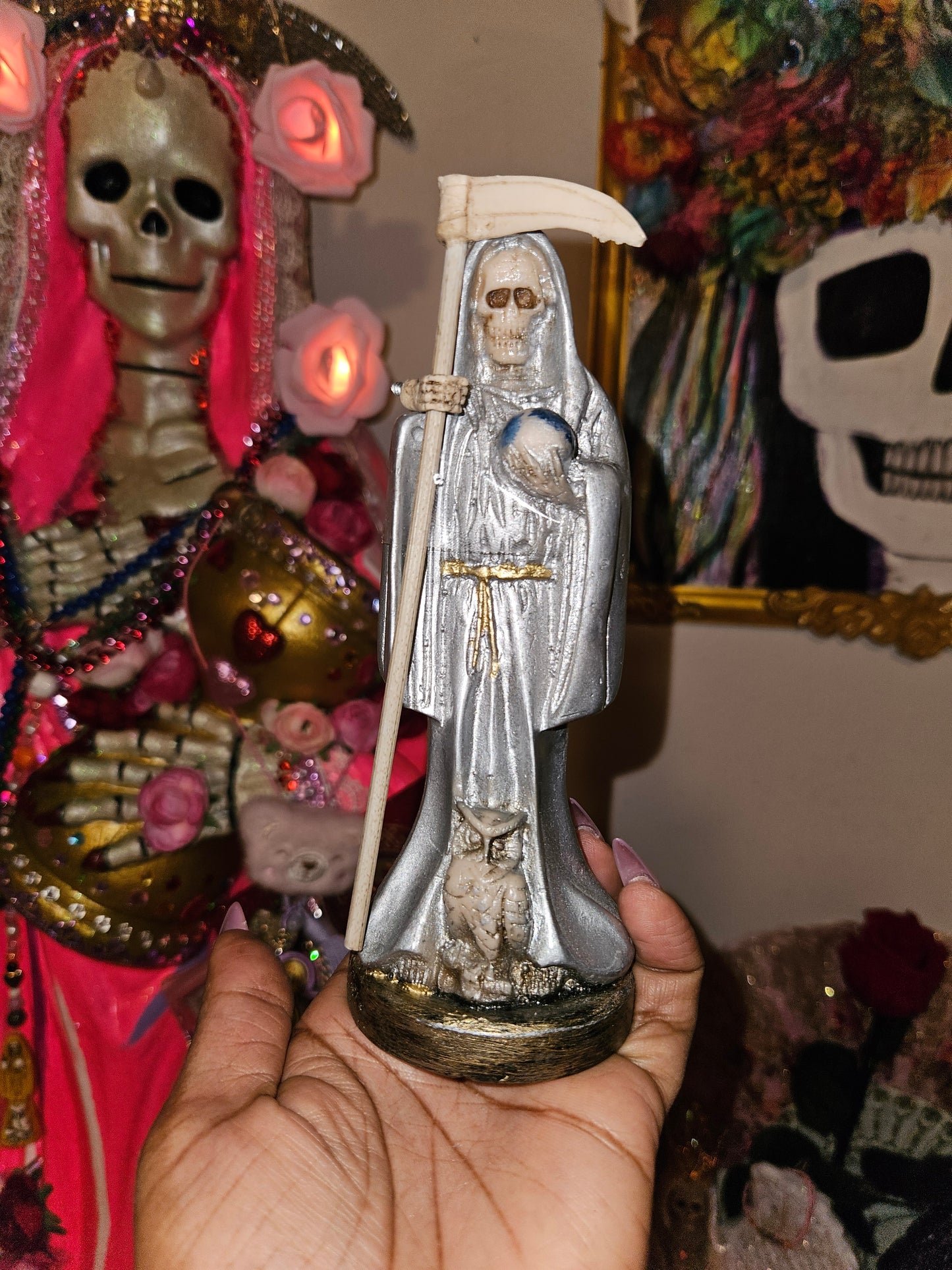6" Silver Robe Santa Muerte Statue
