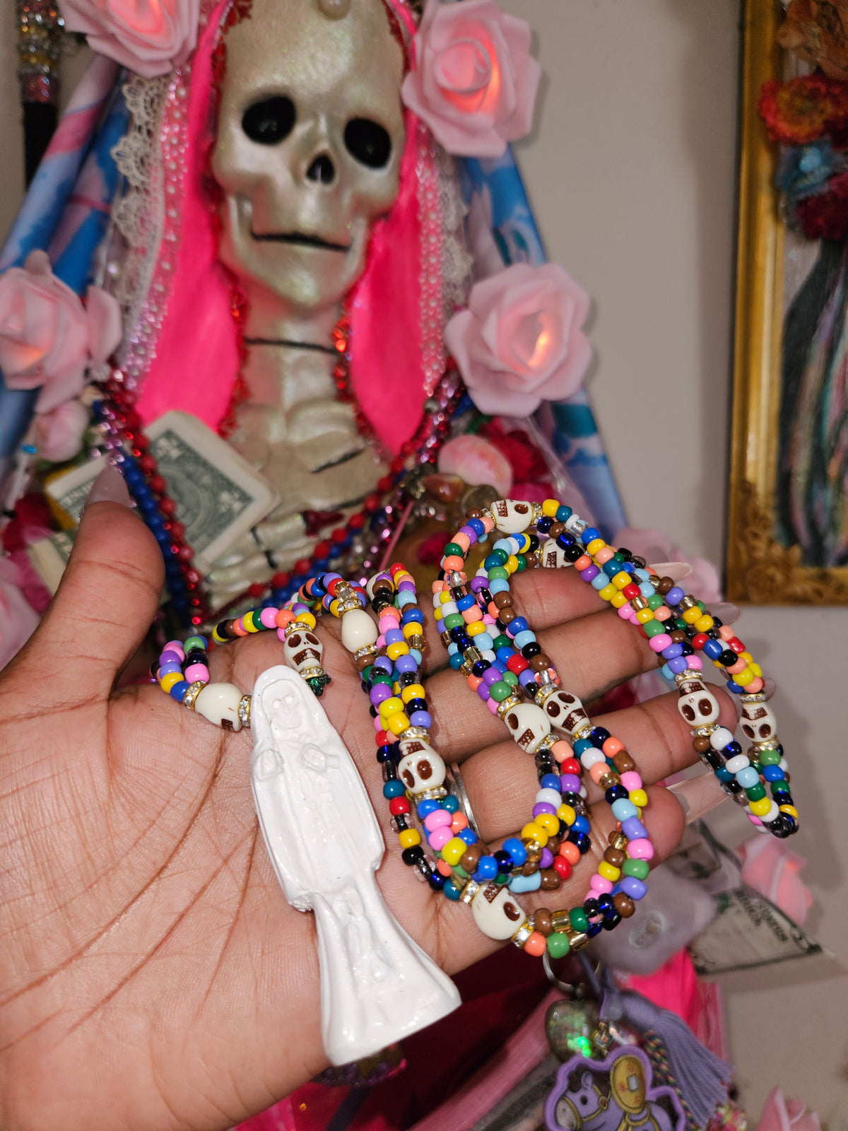 32' Beaded Santa Muerte Necklace