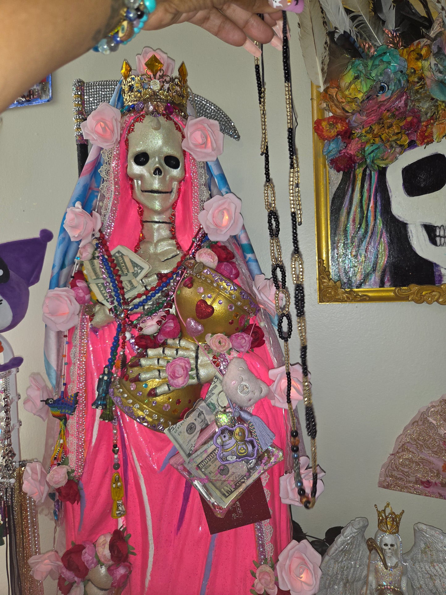 36" Drawstring Beaded Santa Muerte Necklace