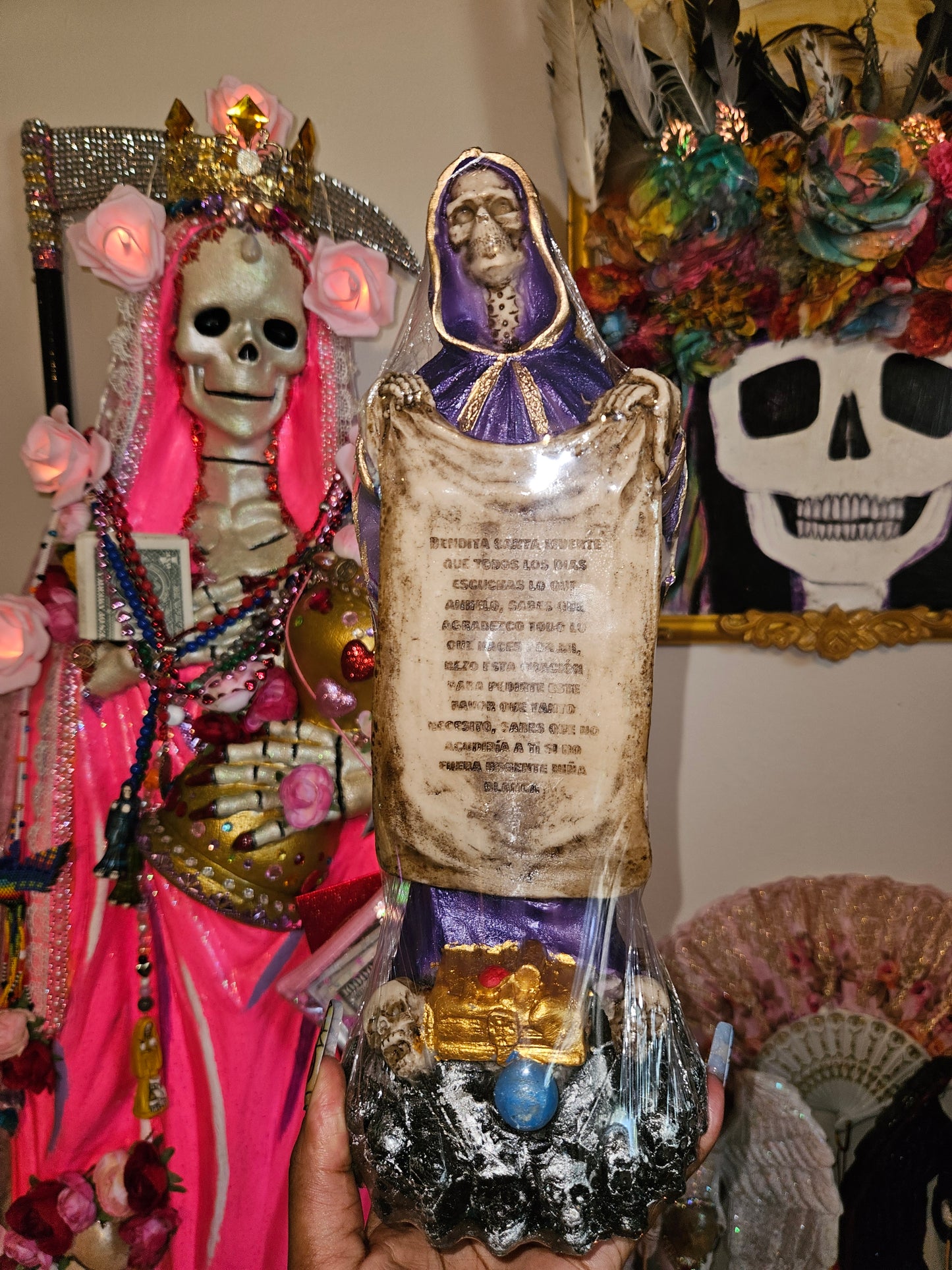 13" Purple Robe with Prayer Scroll Santa Muerte Statue