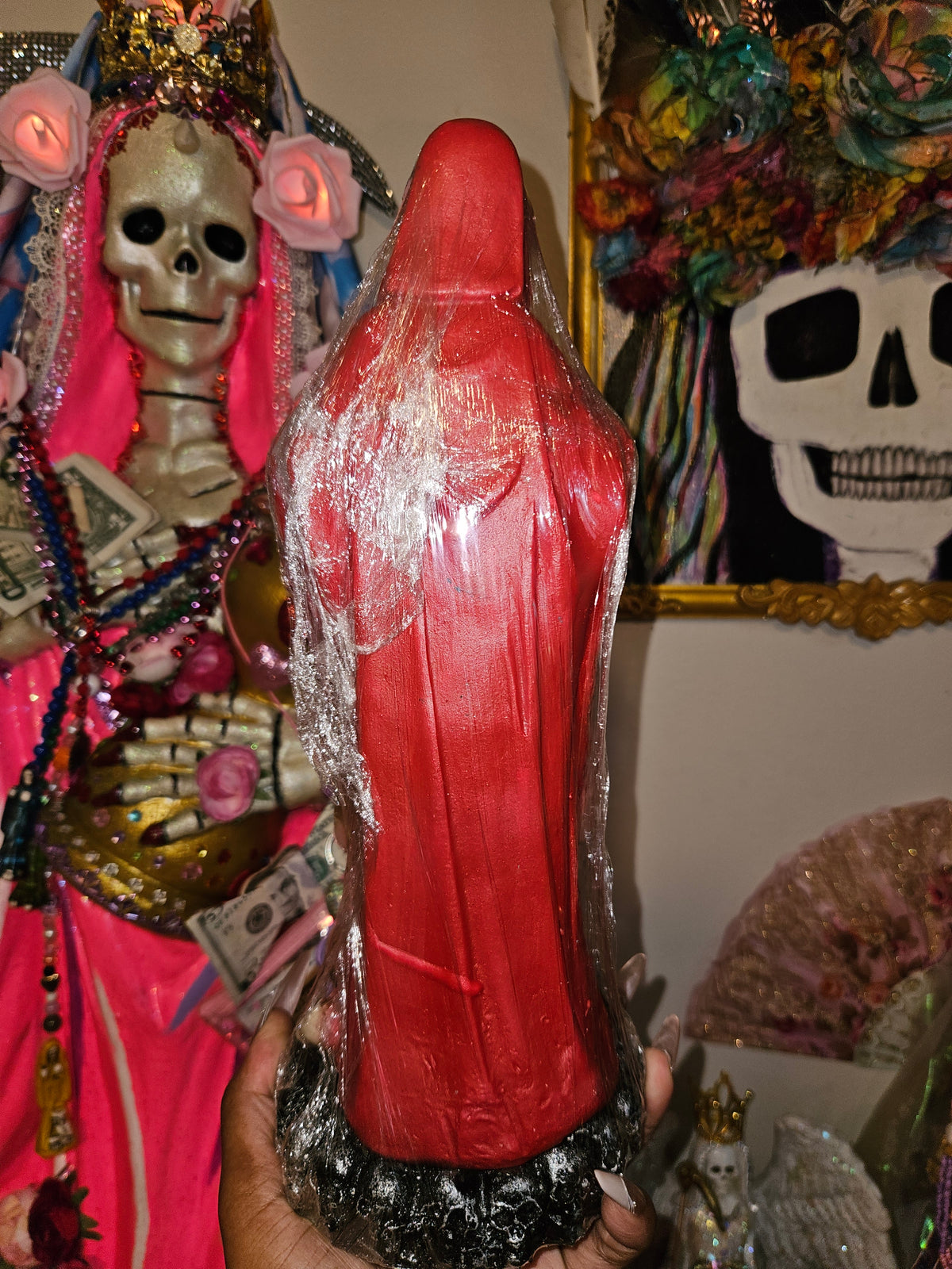 13" Red Robe with Prayer Scroll Santa Muerte Statue