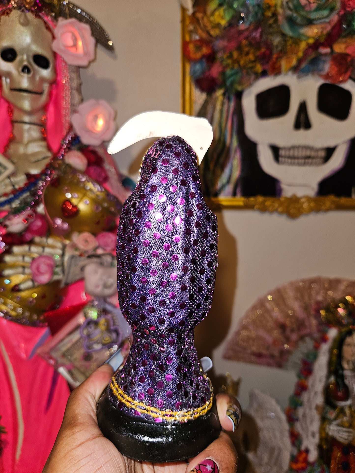 6" Vestida Purple w/ good luck bag Santa Muerte Statue