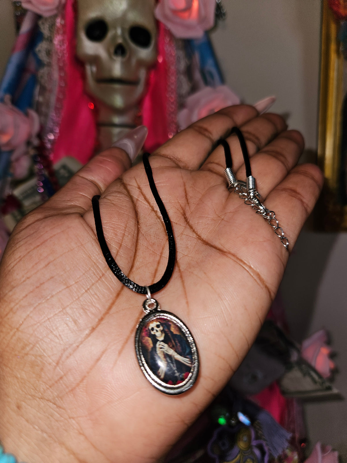 18' Silver Tone Santa Muerte Pendant Necklace