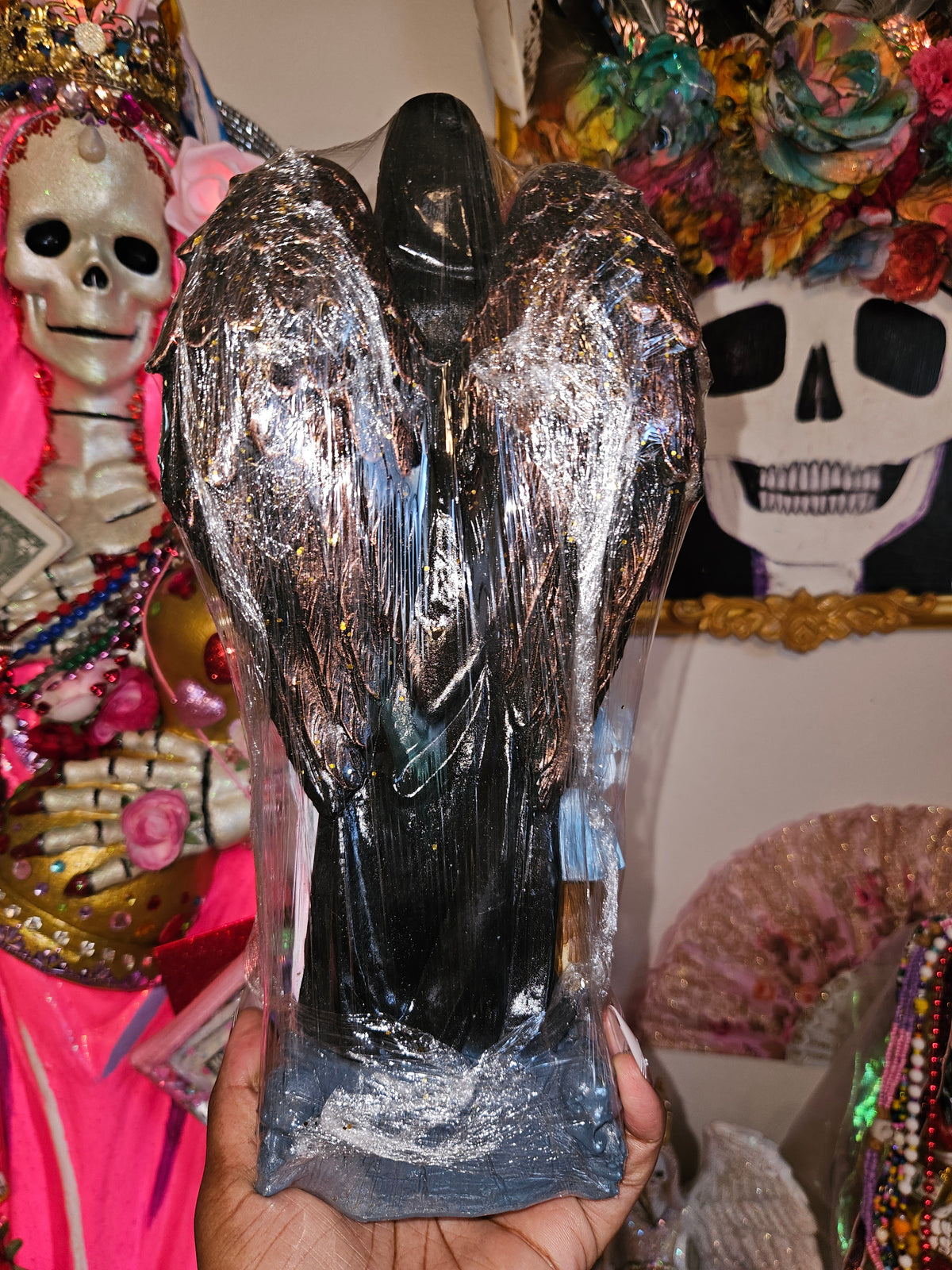 12" Winged Negra/ Black w/Children Robe Santa Muerte Statue