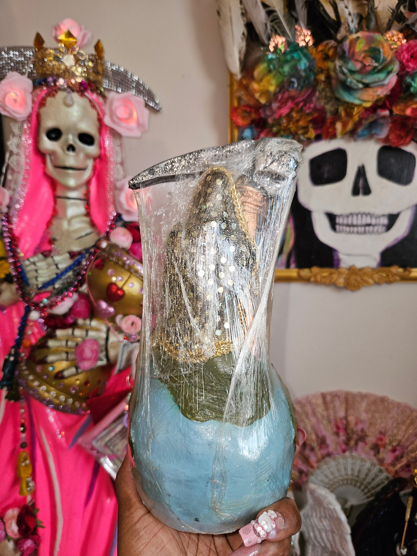 8" Vestida Gold Robe Sitting on Top of World Santa Muerte Statue