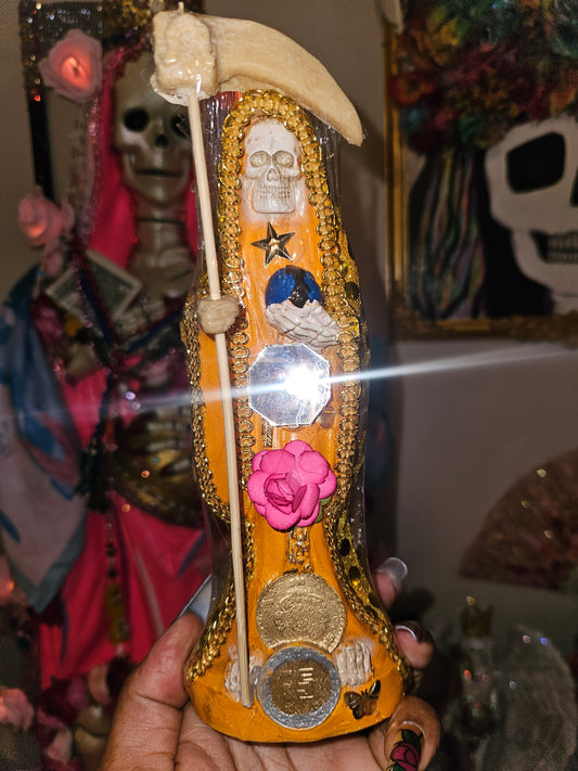 8" Vestida Marigold Orange Santa Muerte Statue
