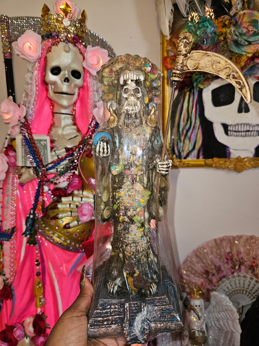 13" Clear Amber Robe Aztec/ Mexica Santa Muerte Statue