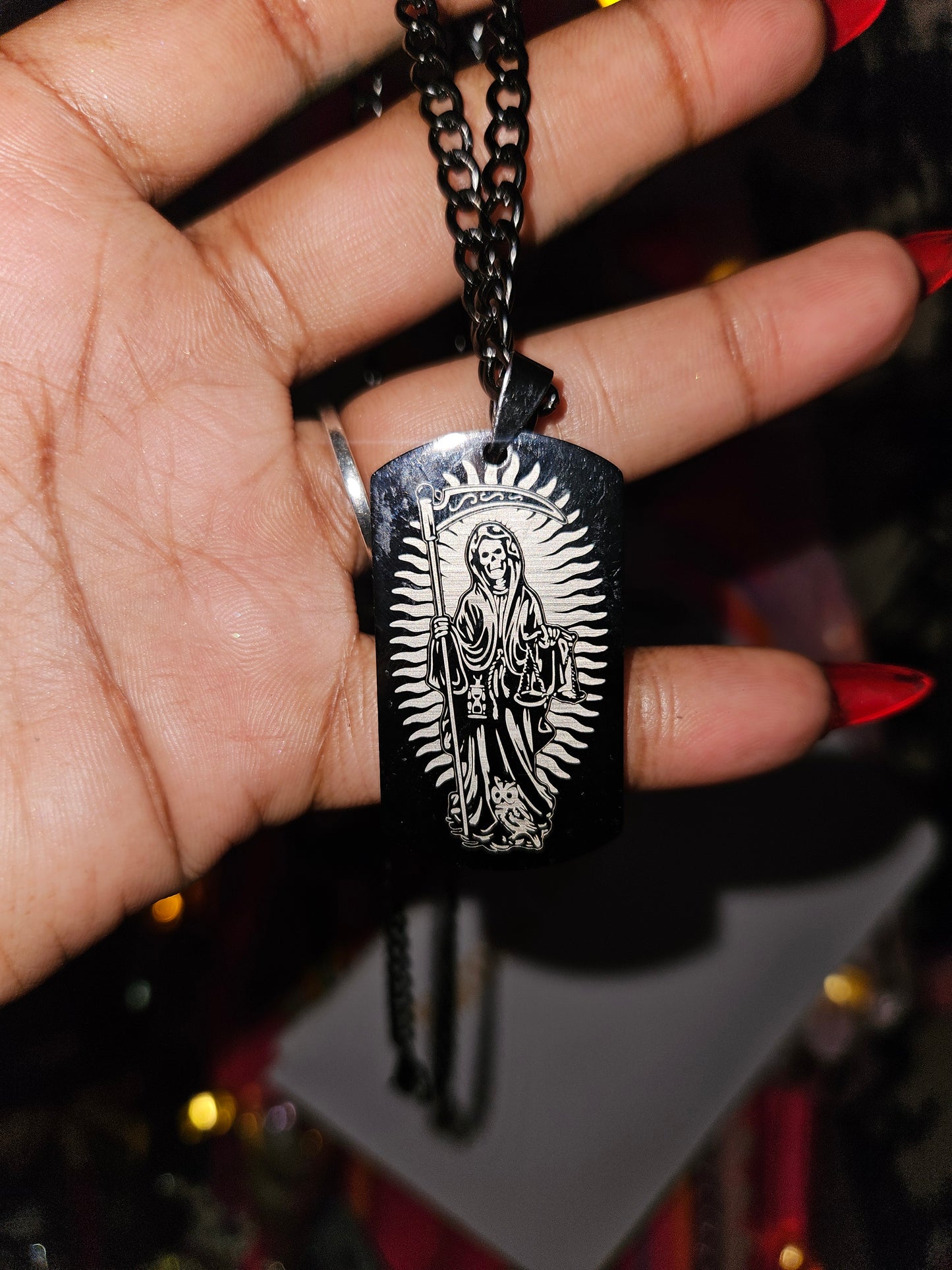 22 " Black Stainless Steel Santa Muerte Necklace with Prayer in the back