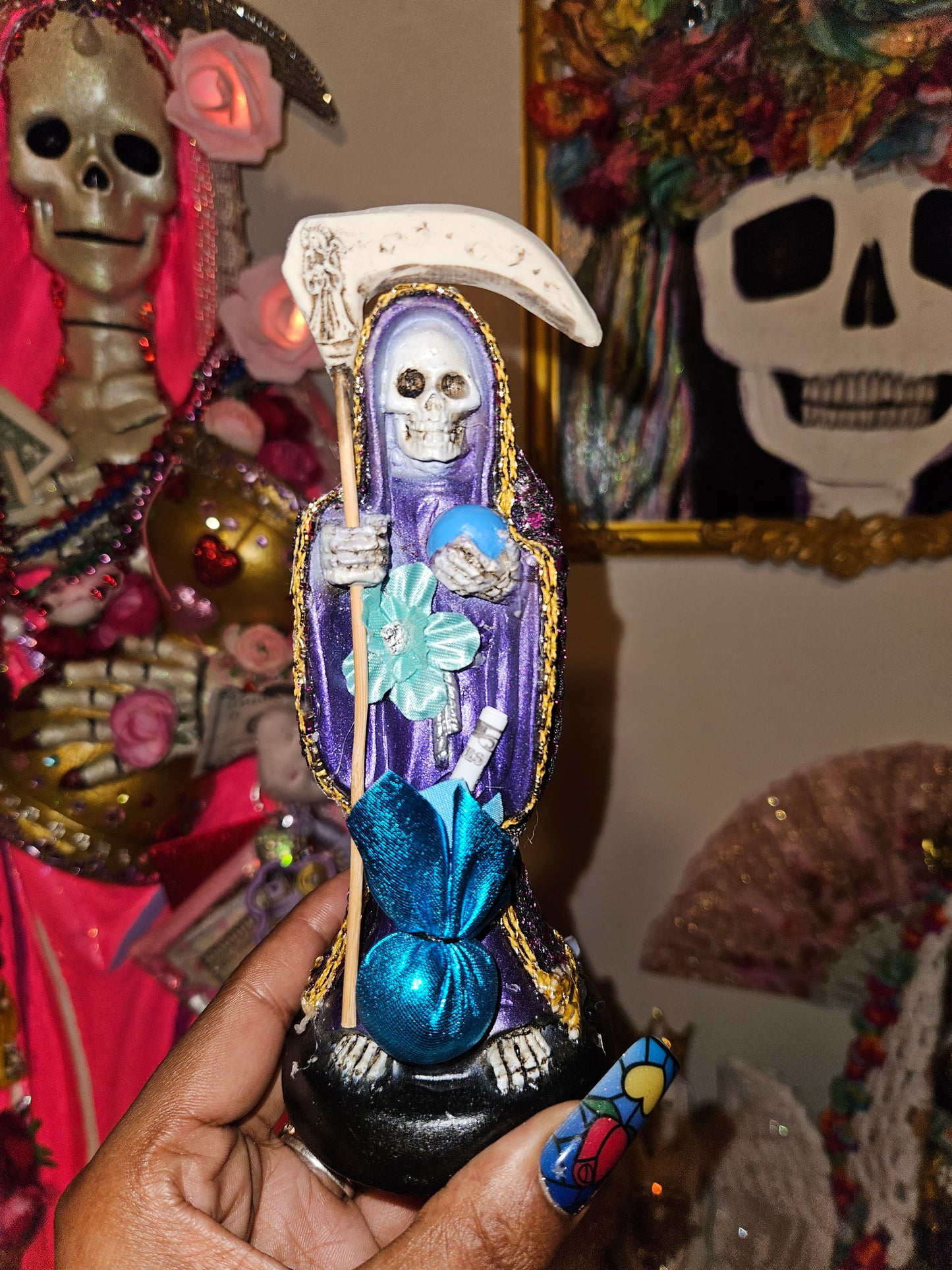 6" Vestida Purple w/ good luck bag Santa Muerte Statue