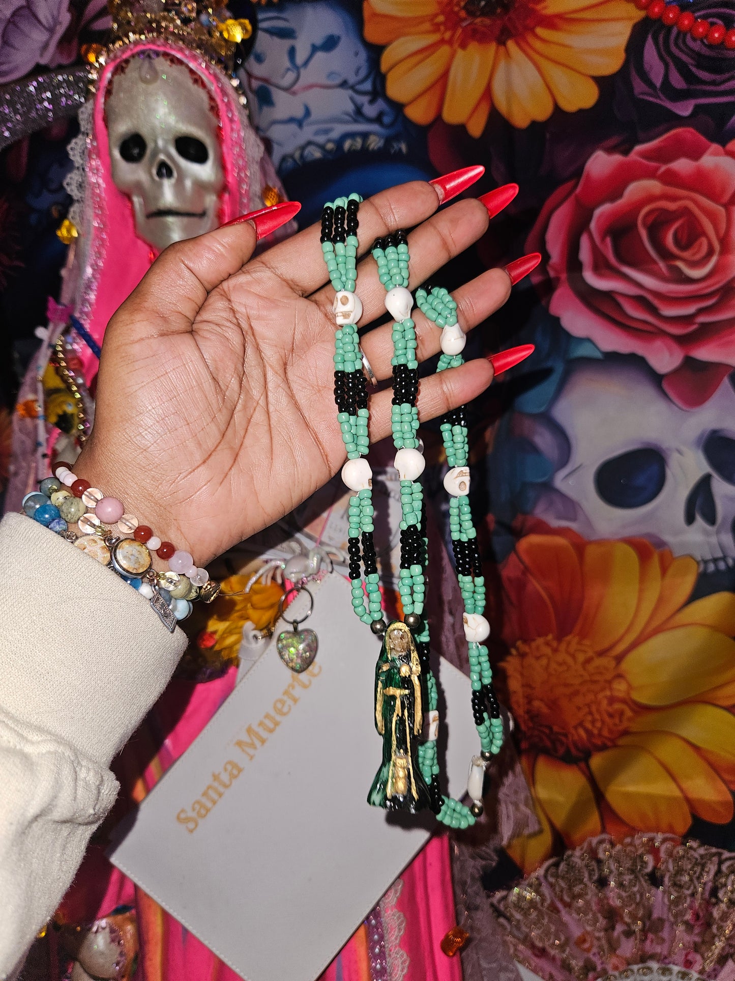 Black & Green Santa Muerte Maso Necklace