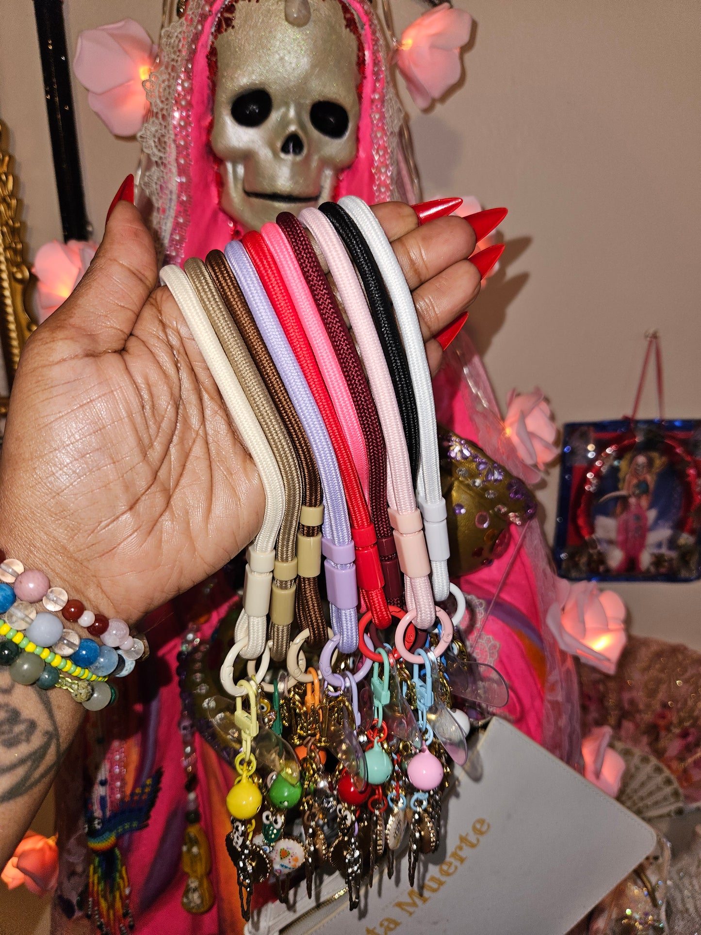 Santa Muerte Phone Wrist Strap w/ Goodluck & Protection Charms