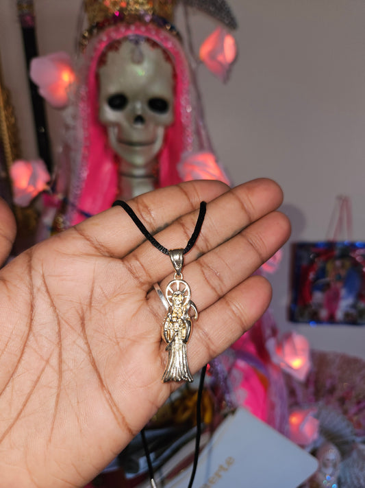 18' Gold Tone Santa Muerte Pendant Necklace