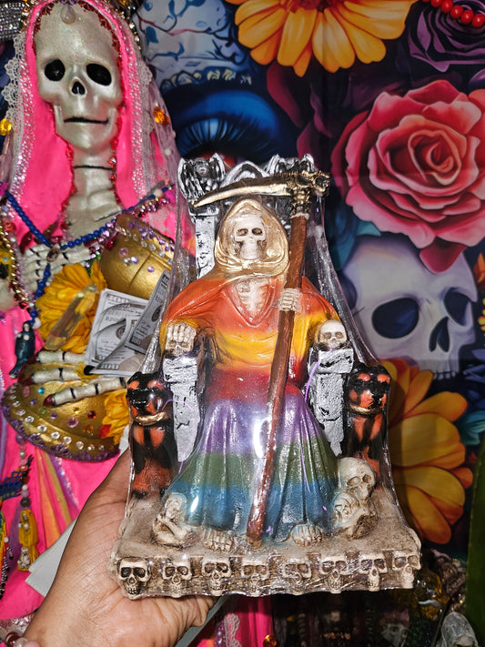 9" Sitting Colores/Rainbow Robe with dogs Santa Muerte Statue