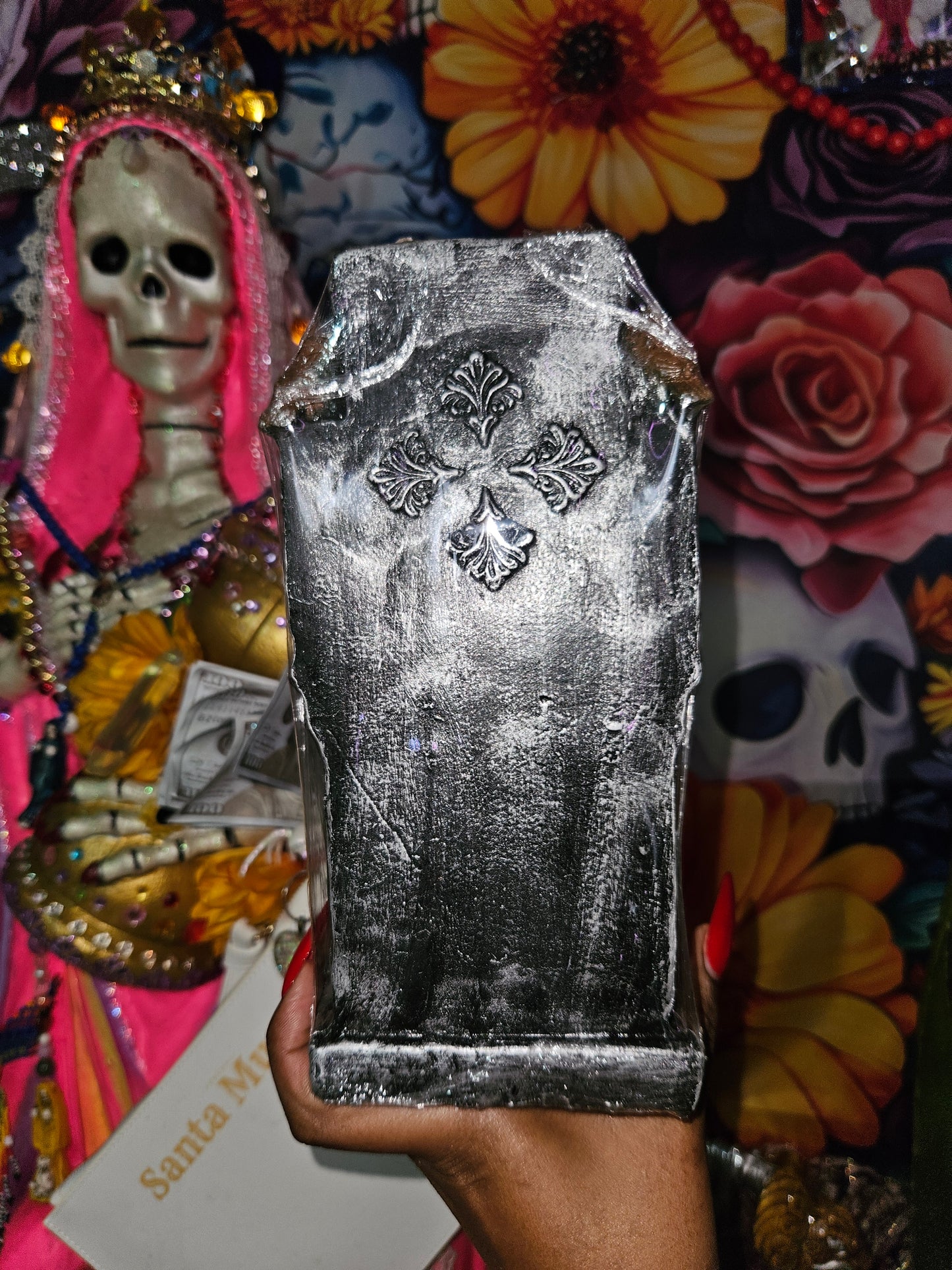 9 " Sitting Oro/ Gold  Robe Santa Muerte Statue