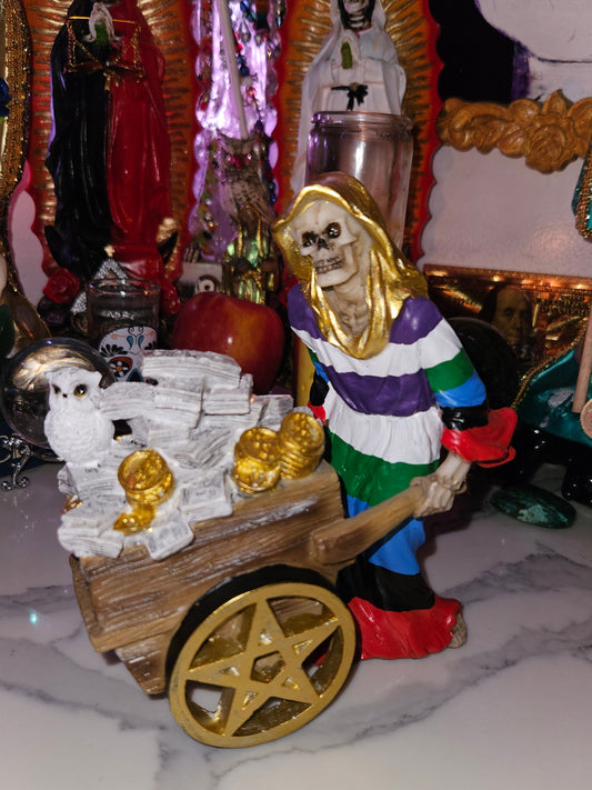7 " 7 Colores/Rainbow Robe w/ Money Wheel Barrel  Santa Muerte Statue
