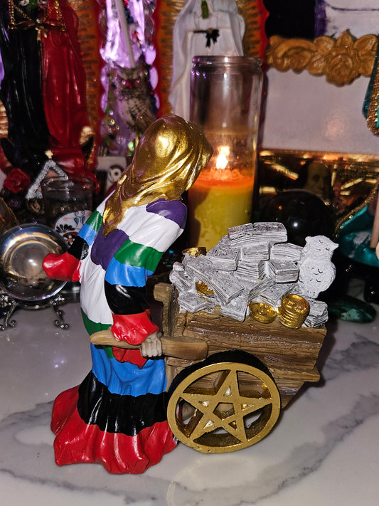 7 " 7 Colores/Rainbow Robe w/ Money Wheel Barrel  Santa Muerte Statue