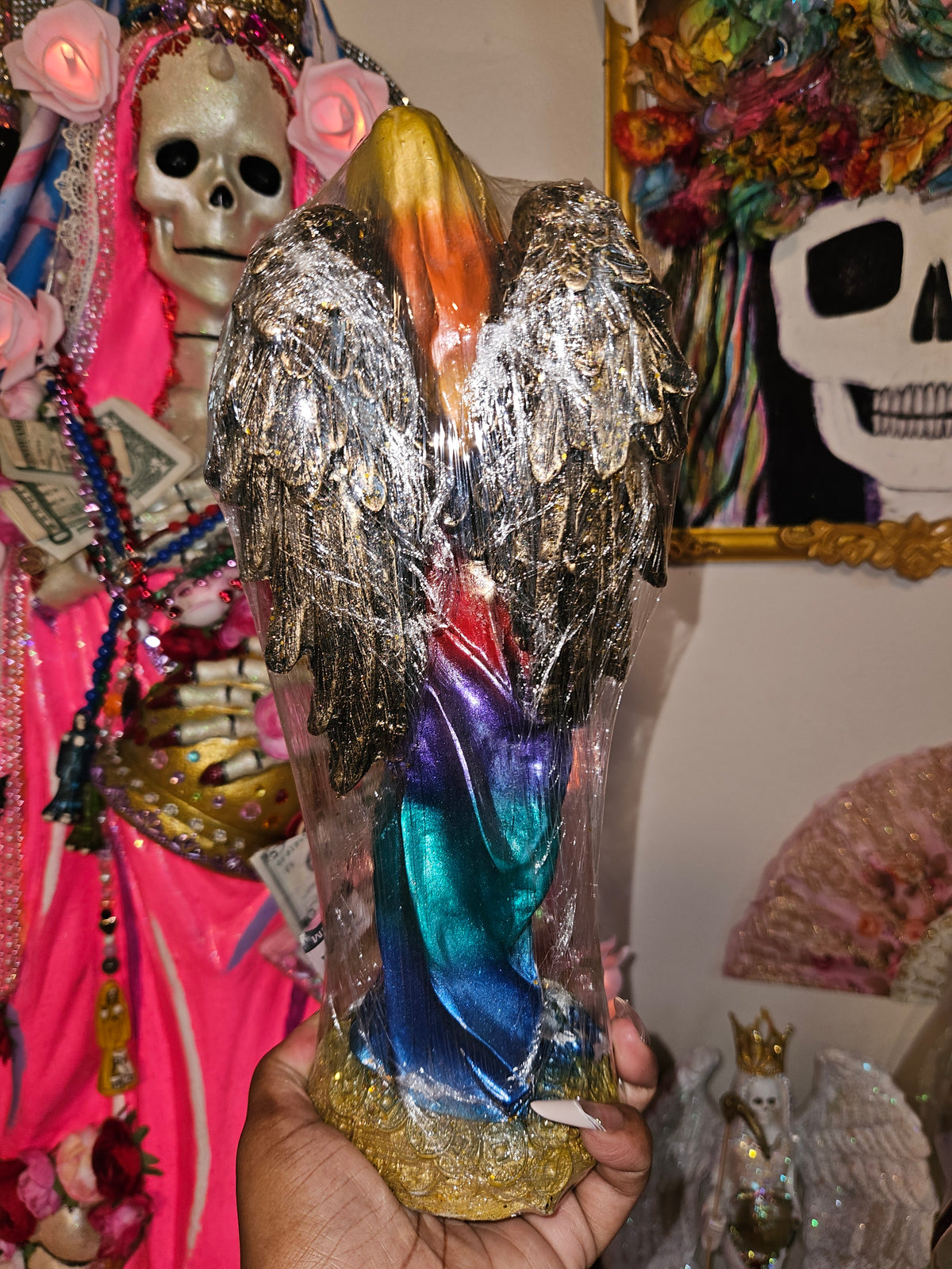 12" Winged Abundance Rainbow Robe Santa Muerte Statue
