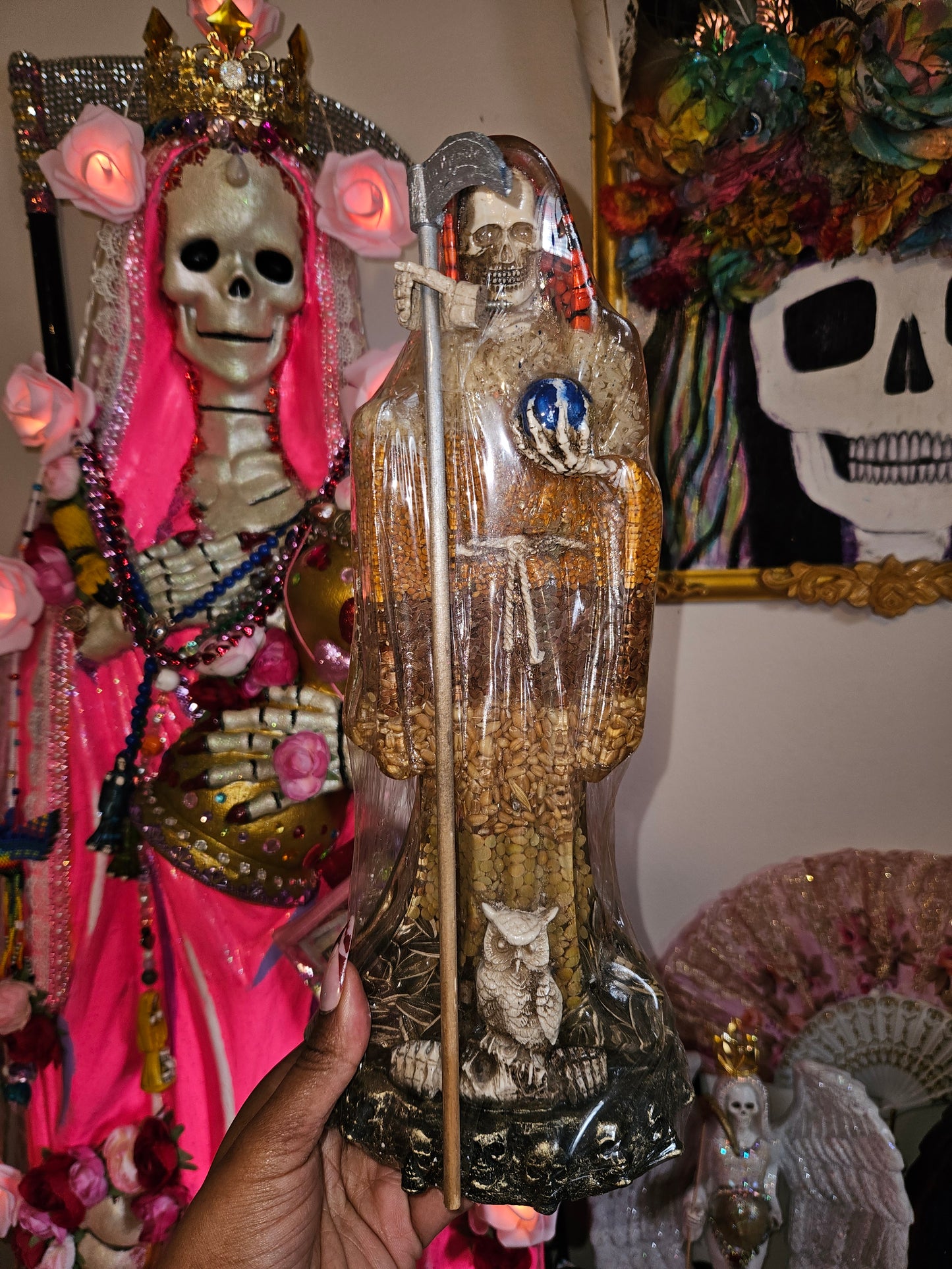 13" Clear w/Grains & Seeds Robe Light Up Santa Muerte Statue