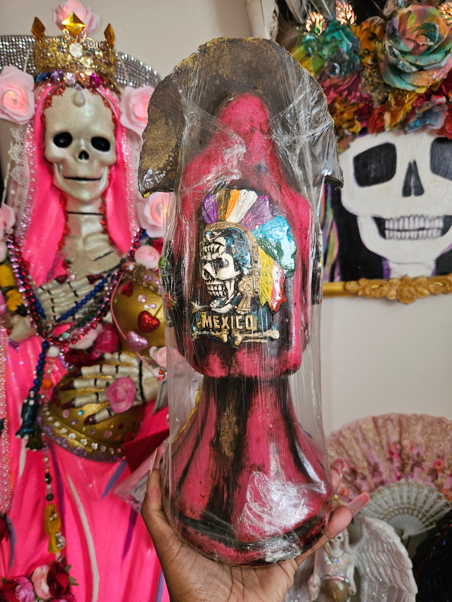 14" Pink Robe Aztec/ Mexica Santa Muerte Statue