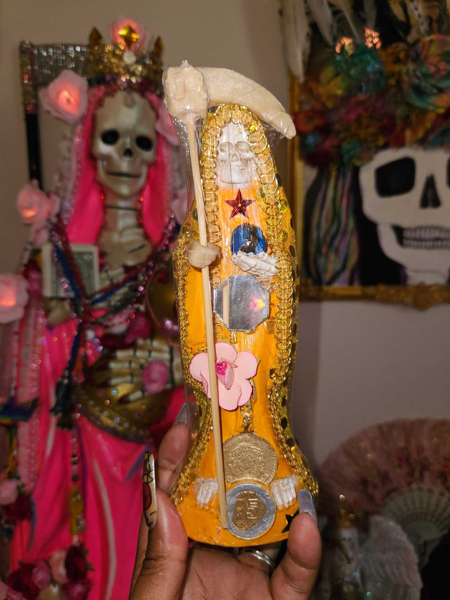 8" Vestida Marigold Orange Santa Muerte Statue