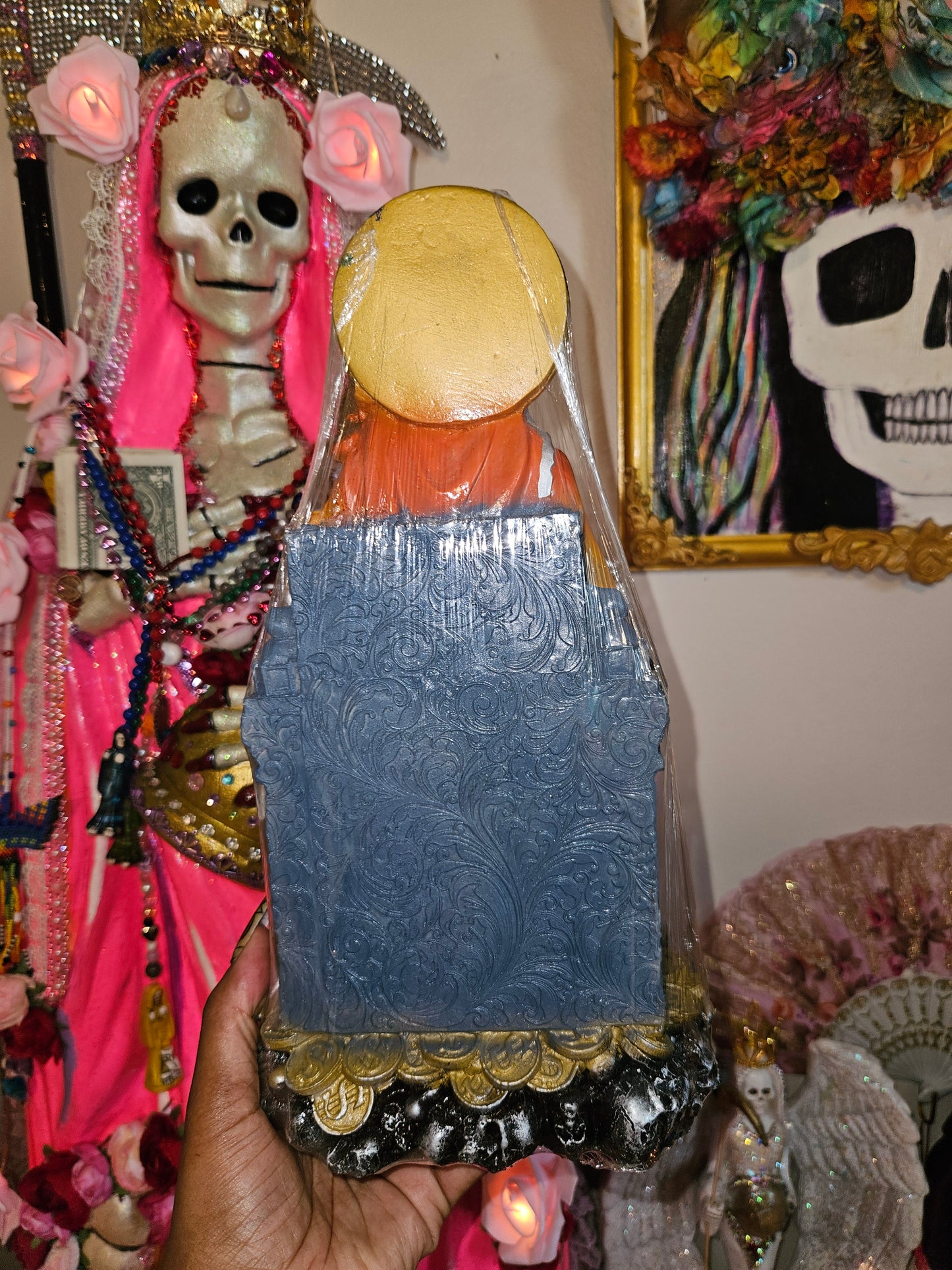 12" Rainbow/7 Colores Sitting Santa Muerte Statue w/ Removable hands & Scythe