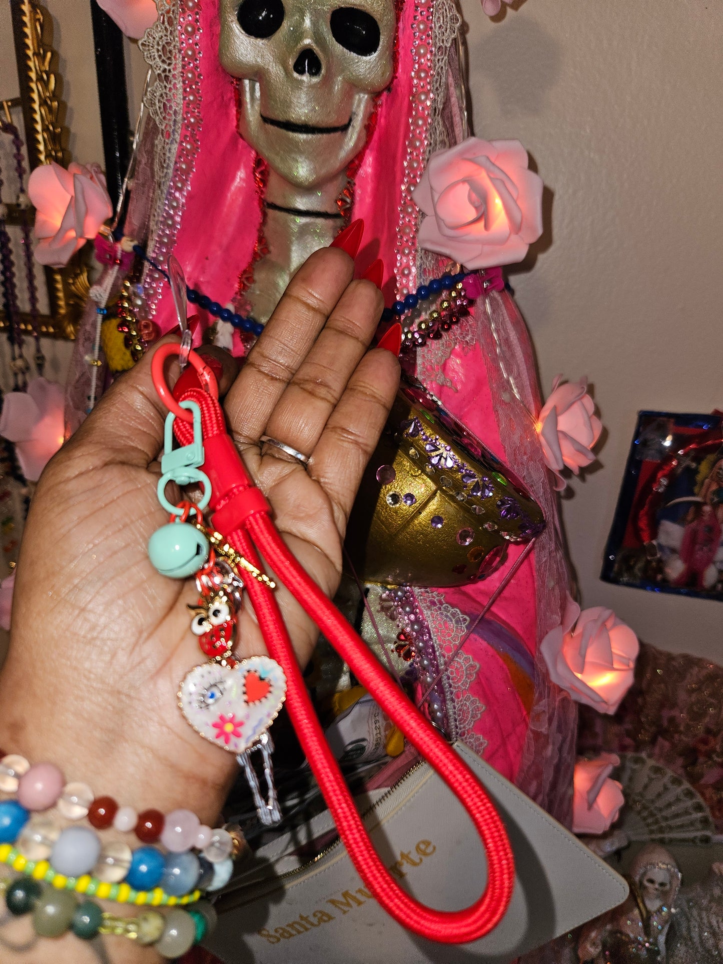 Santa Muerte Phone Wrist Strap w/ Goodluck & Protection Charms
