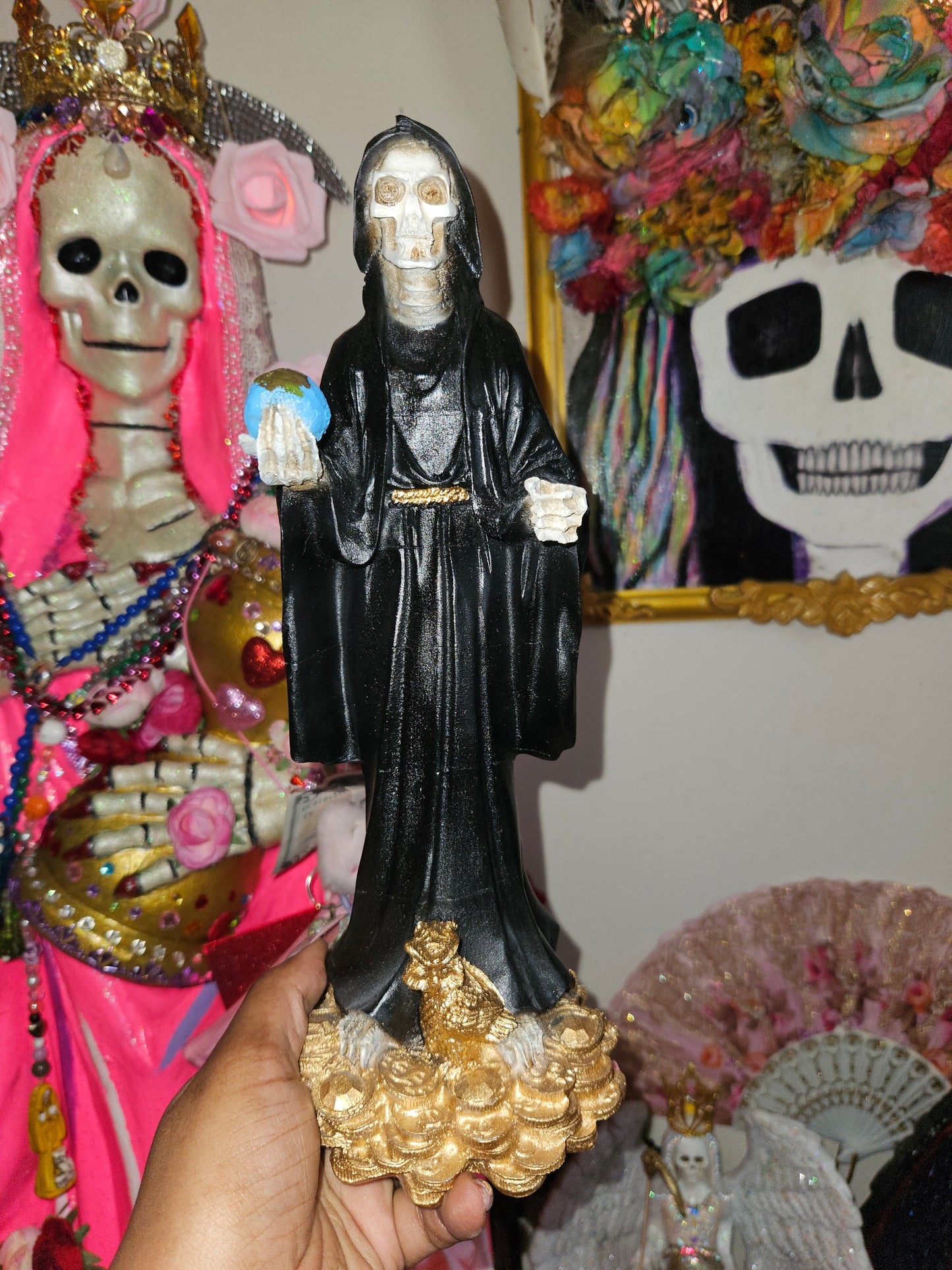 12" Black Robe Santa Muerte Statue