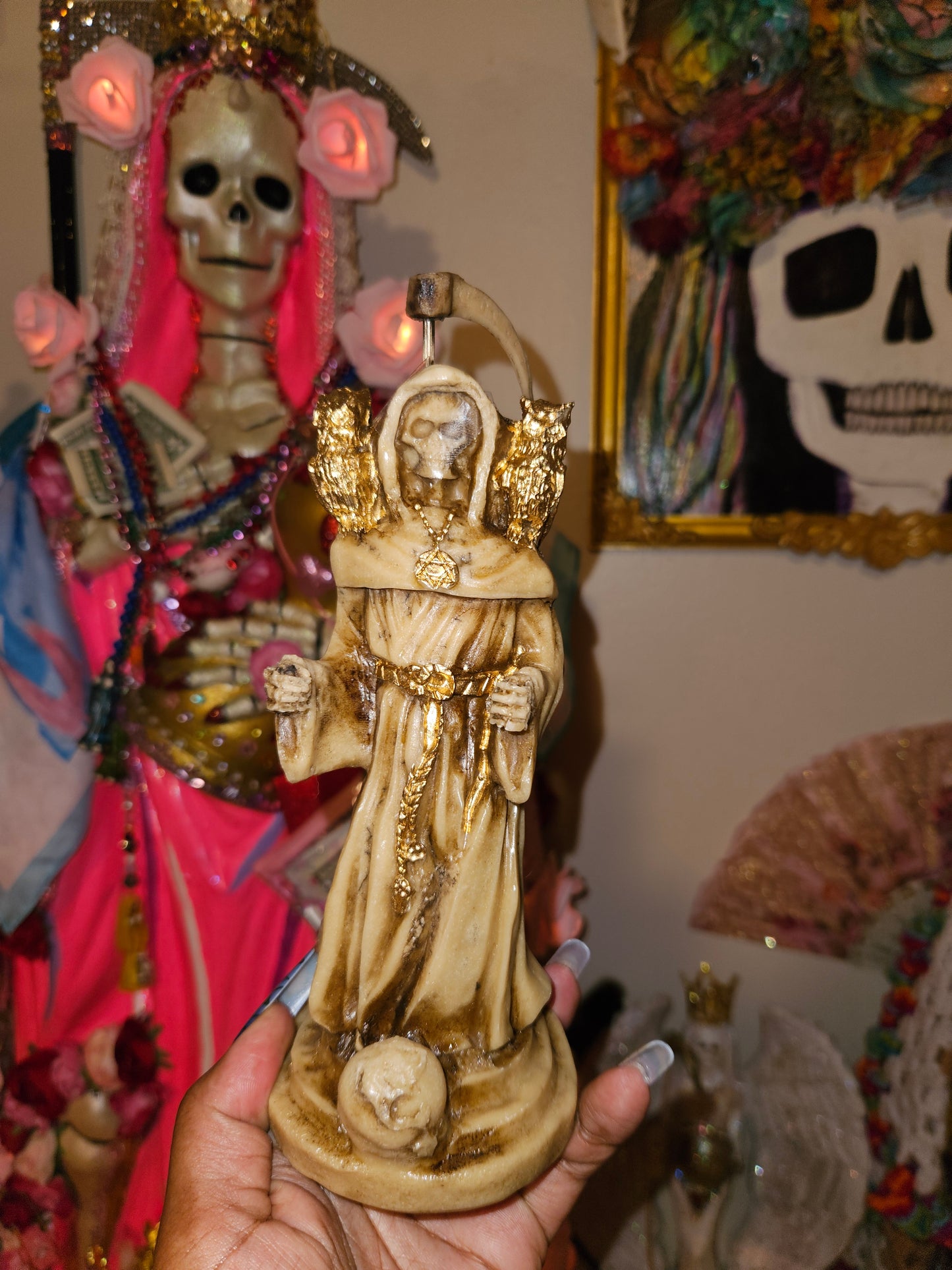 7" Bone Robe/Aspect w/ 2 Owls Santa Muerte Statue