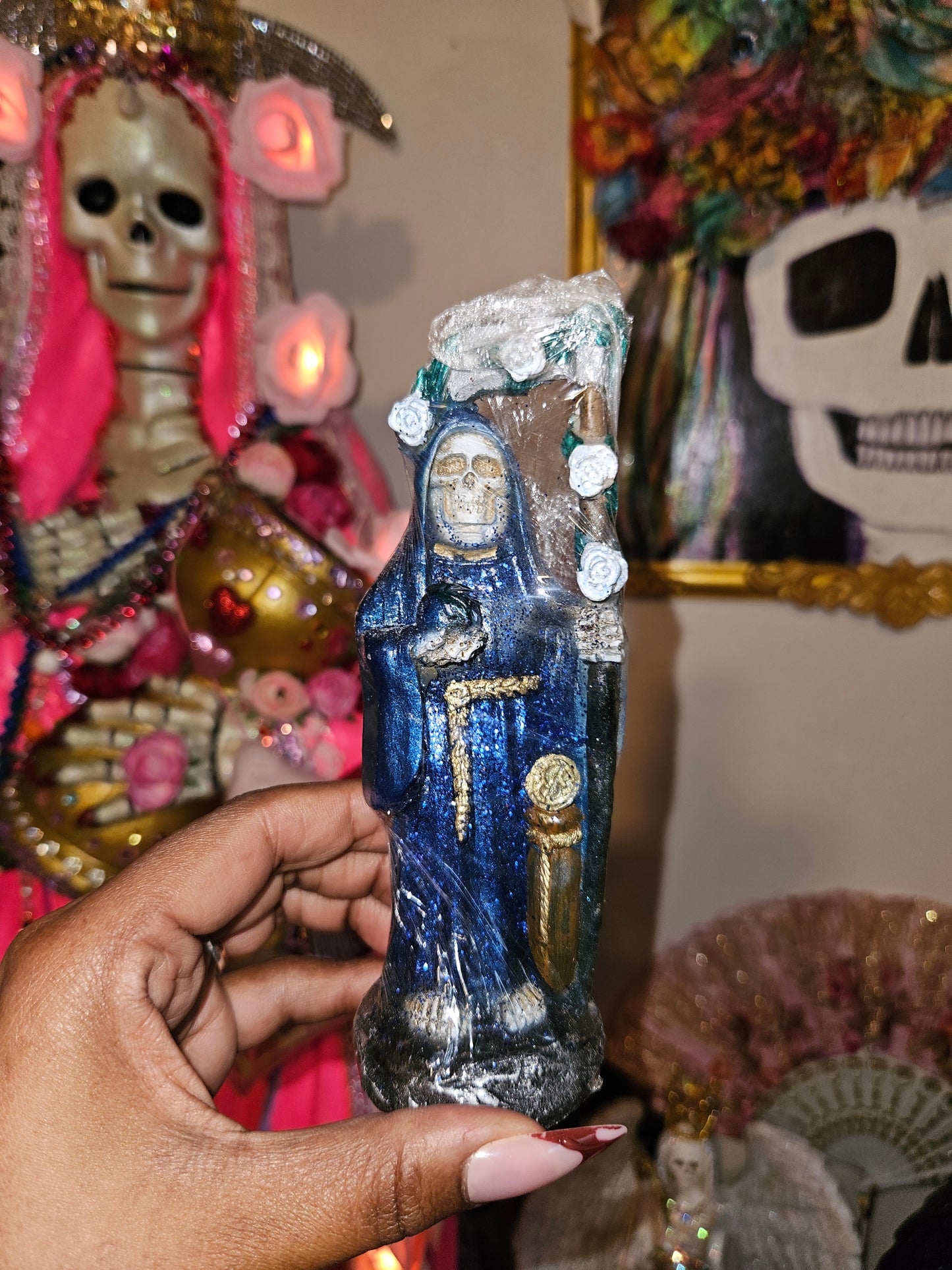 6" Rose on Scythe Santa Muerte Statue