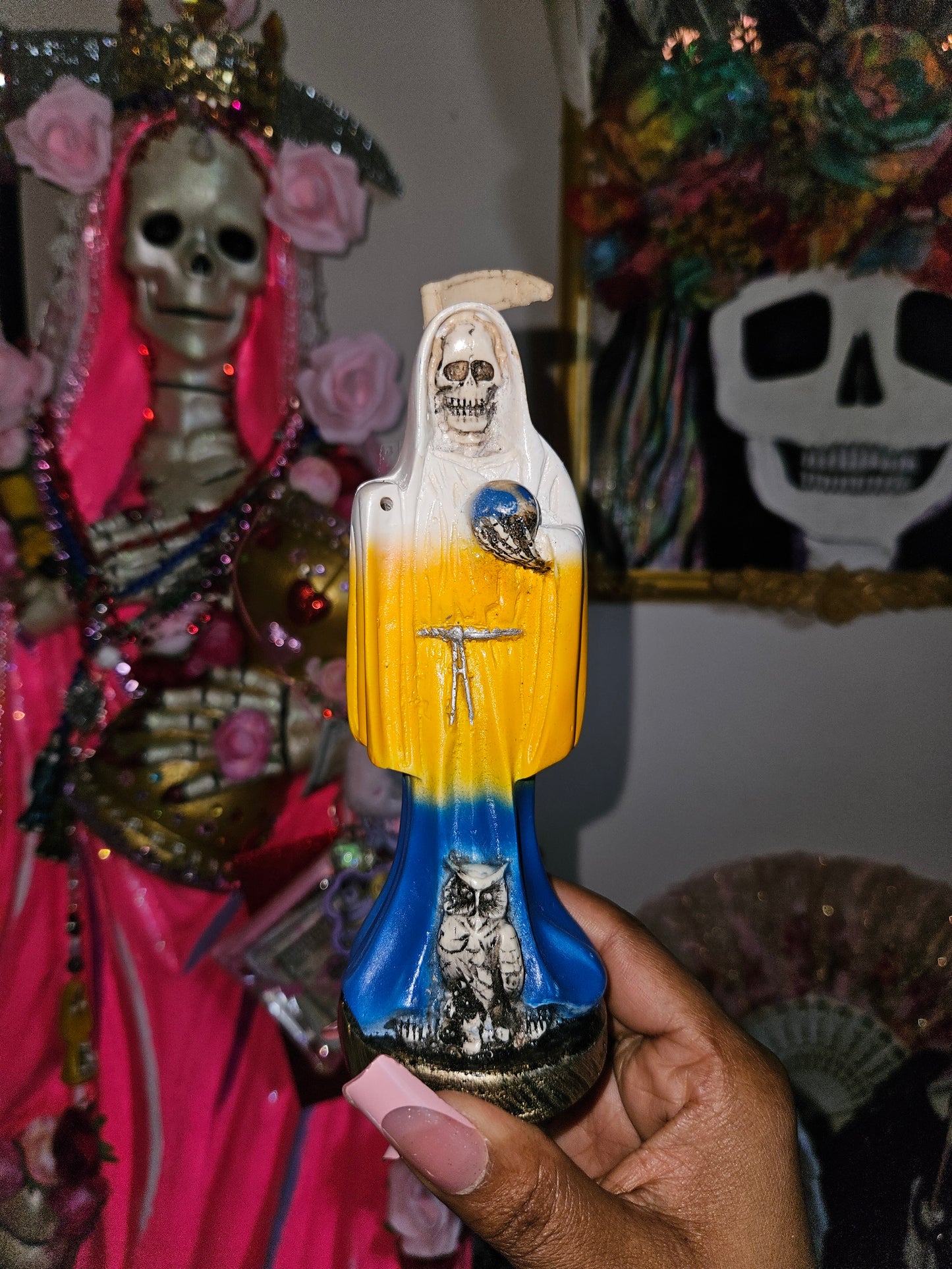 6" Abre Caminos (White, Yellow & Blue) Robe Santa Muerte Statue