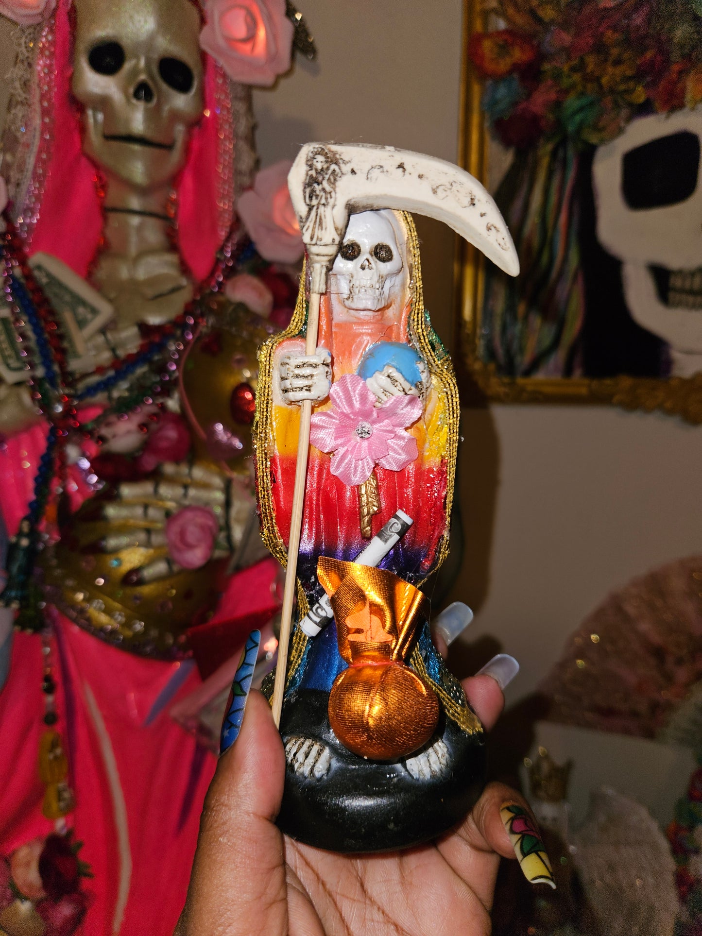 6" Vestida Rainbow w/ good luck bag Santa Muerte Statue