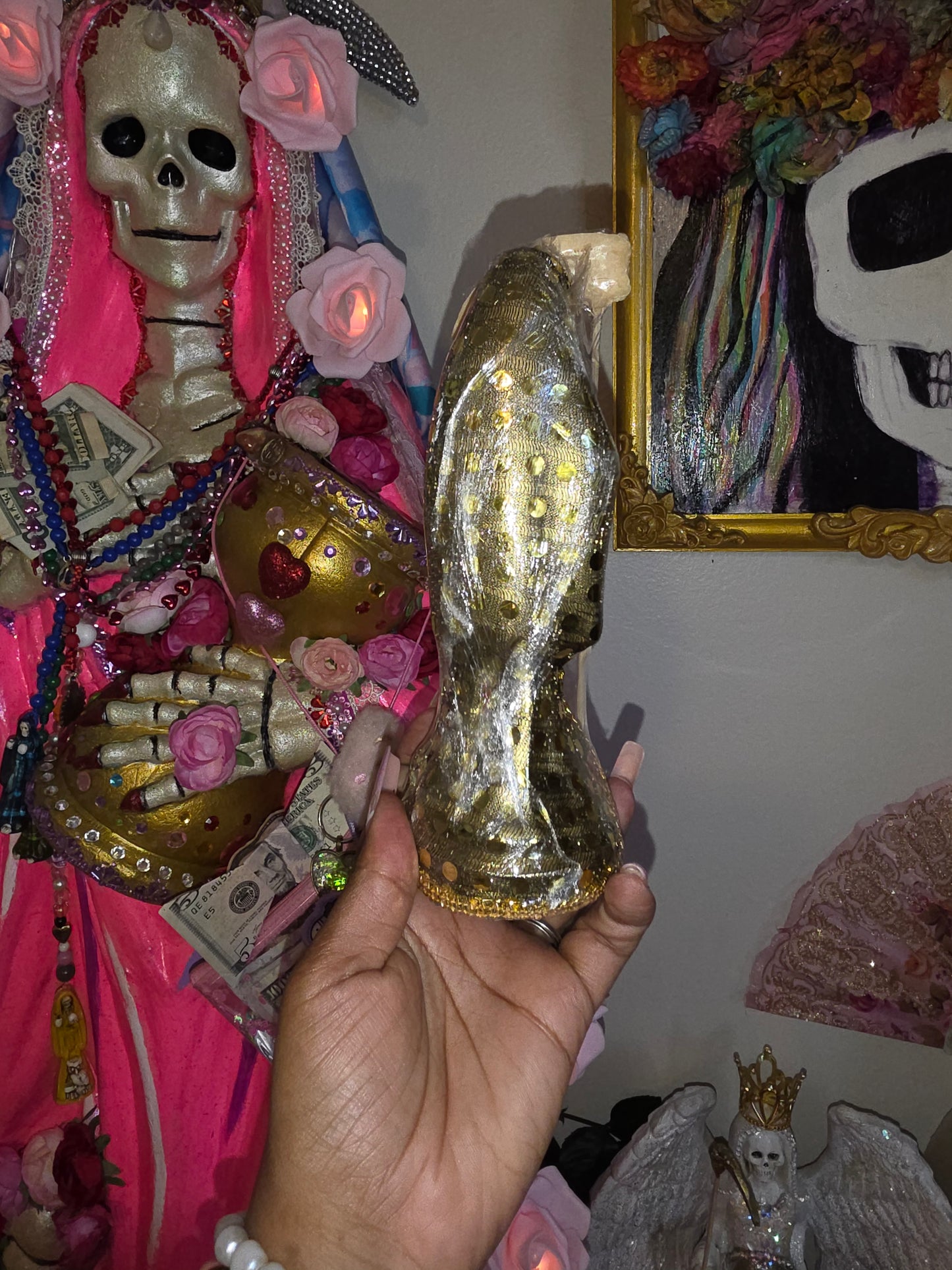 8" Vestida Gold Robe Santa Muerte Statue