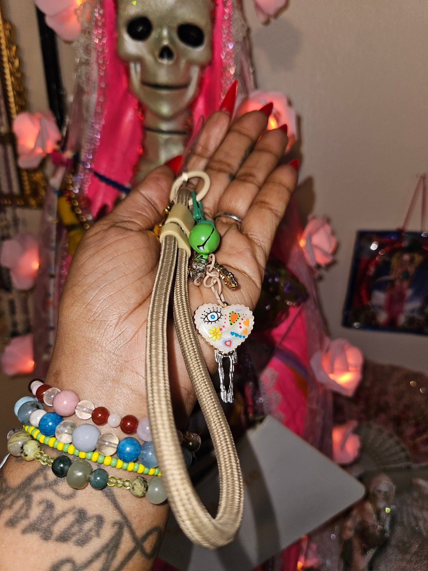 Santa Muerte Phone Wrist Strap w/ Goodluck & Protection Charms