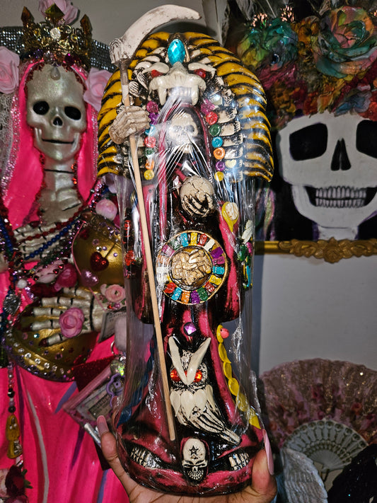 14" Pink Robe Aztec/ Mexica Santa Muerte Statue