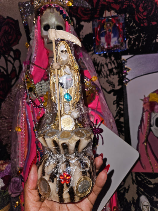 10" Gold Santa Muerte on Money Bag Statue