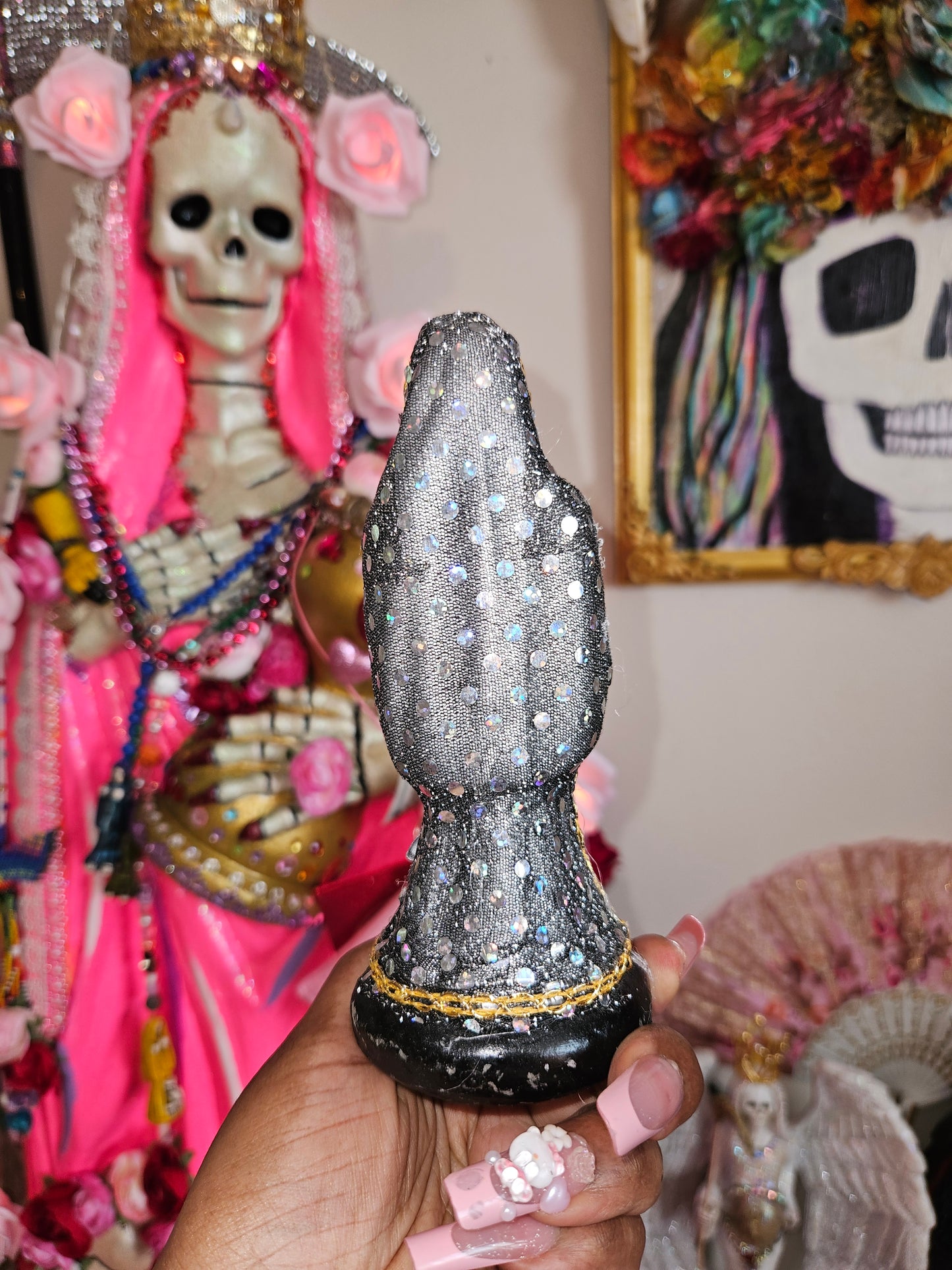 6" Vestida Silver w/ good luck bag Santa Muerte Statue